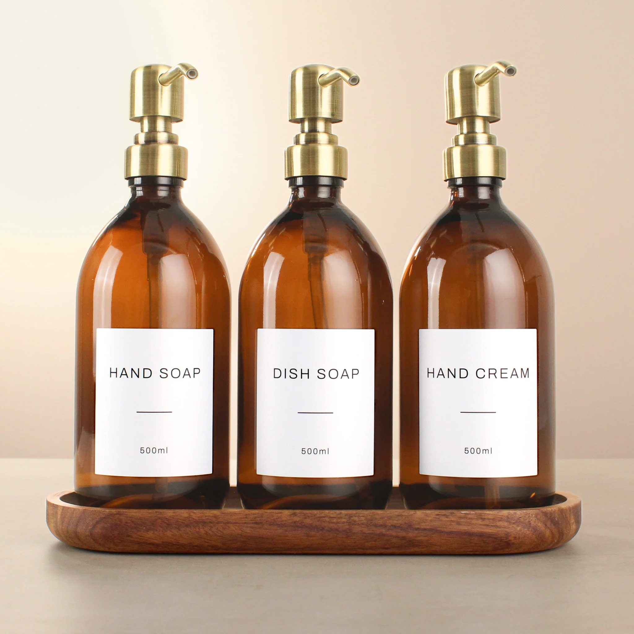 Acacia Tray & Amber Glass Dispenser Triple Set