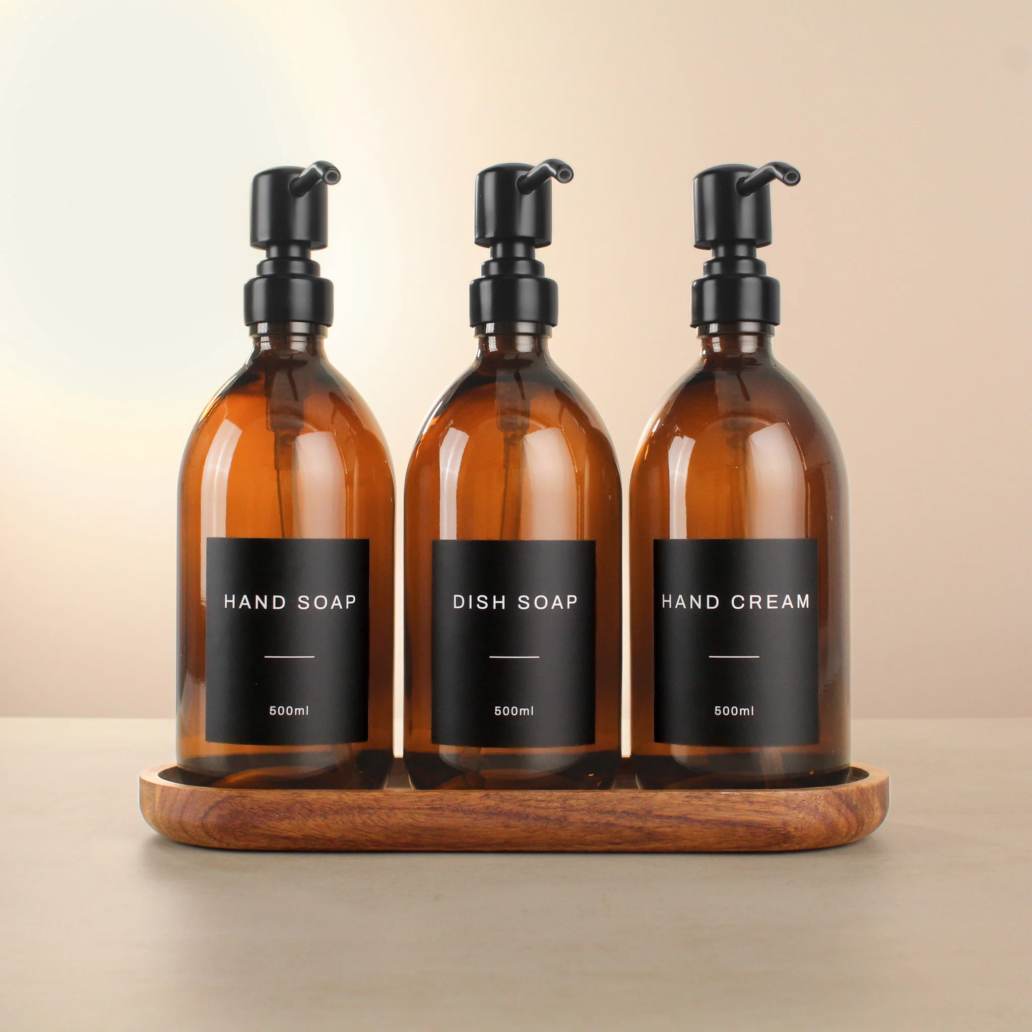 Acacia Tray & Amber Glass Dispenser Triple Set - Image 2