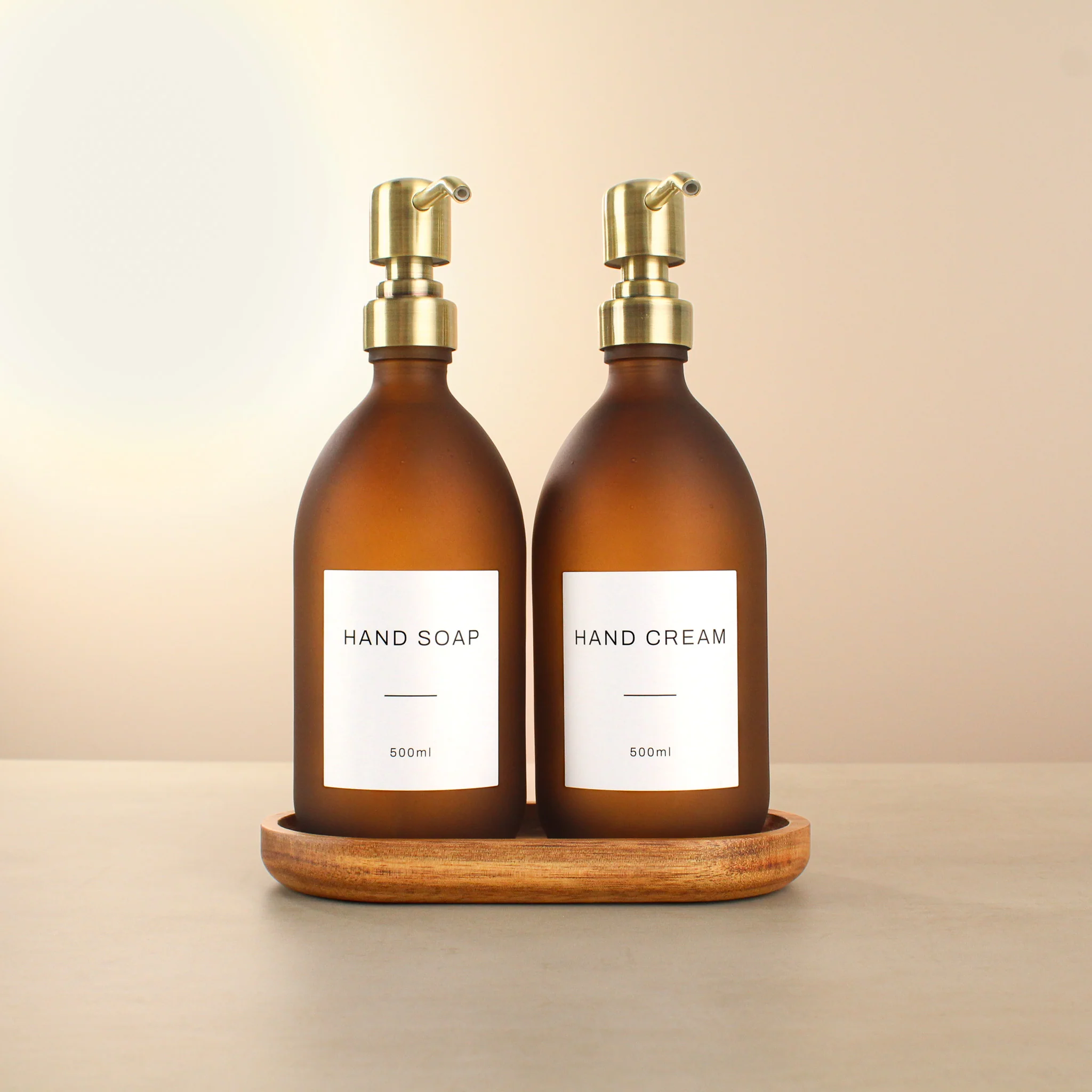 Acacia Tray & Frosted Amber Glass Dispenser Double Set - Image 2