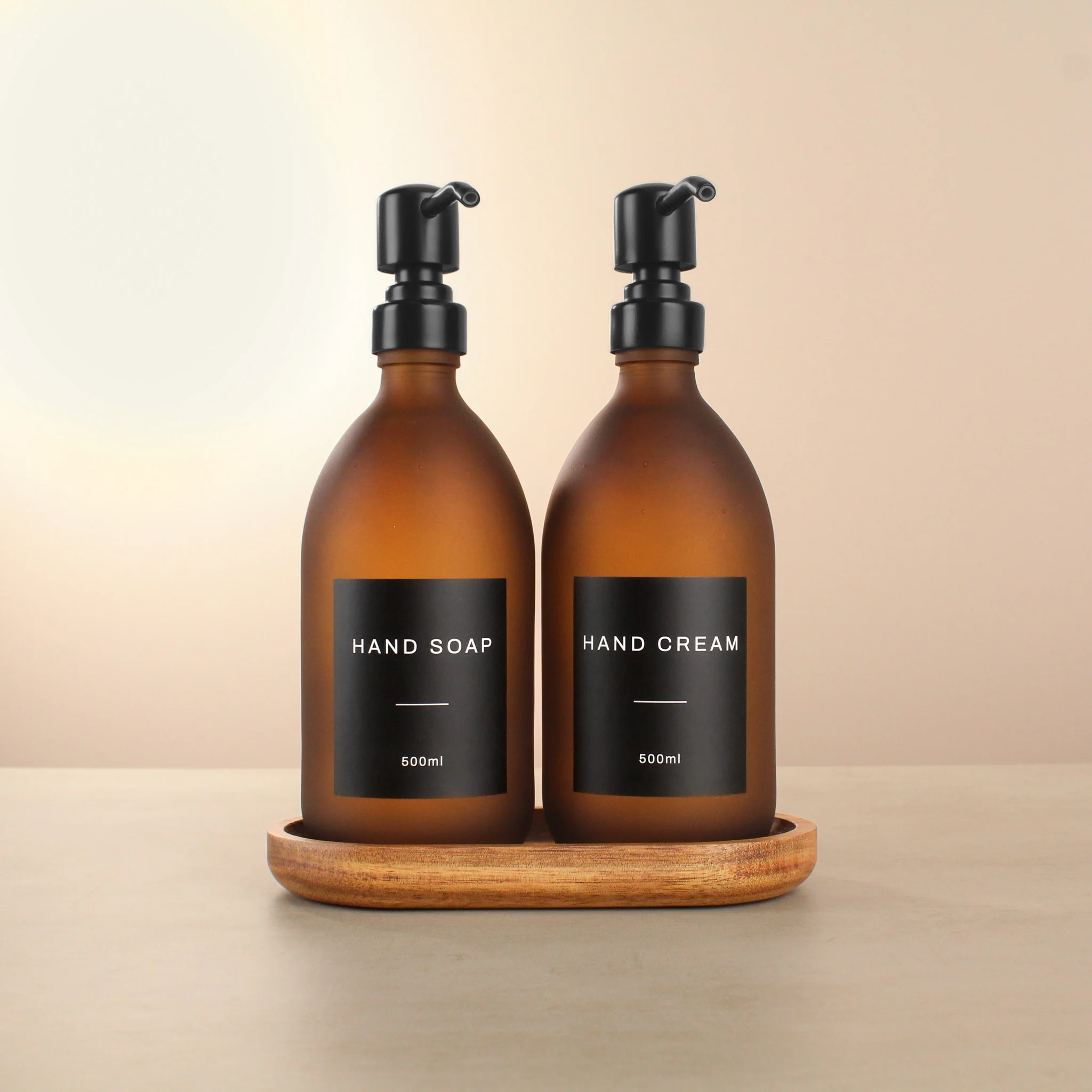 Acacia Tray & Frosted Amber Glass Dispenser Double Set - Image 3