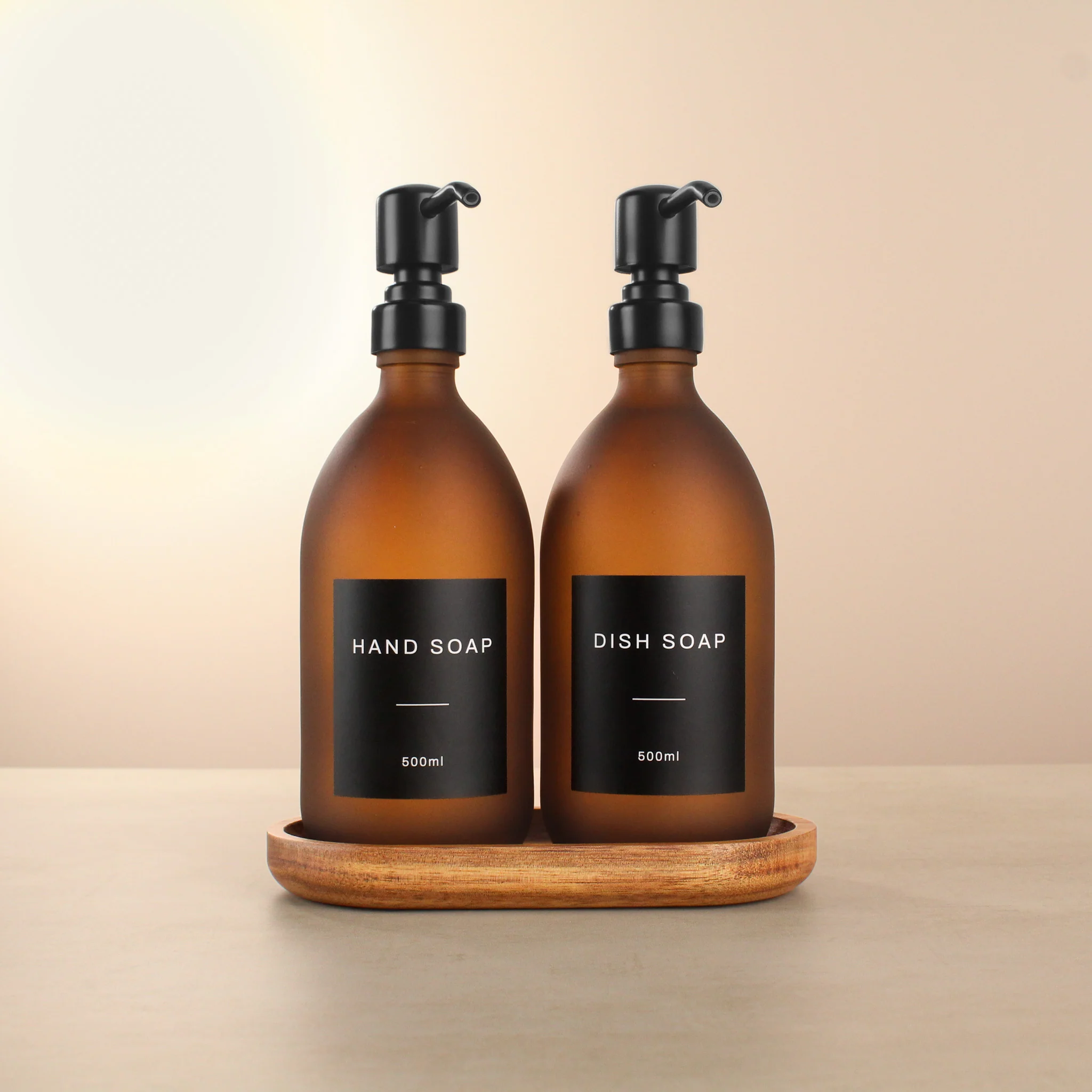 Acacia Tray & Frosted Amber Glass Dispenser Double Set - Image 4
