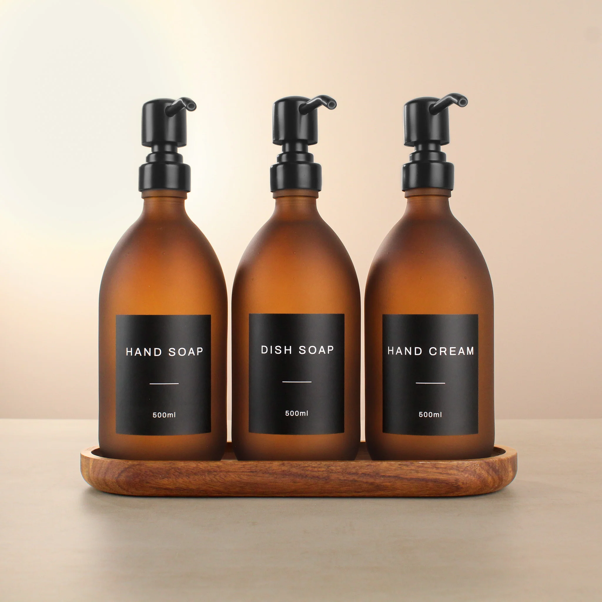 Acacia Tray & Frosted Amber Glass Dispenser Triple Set - Image 2