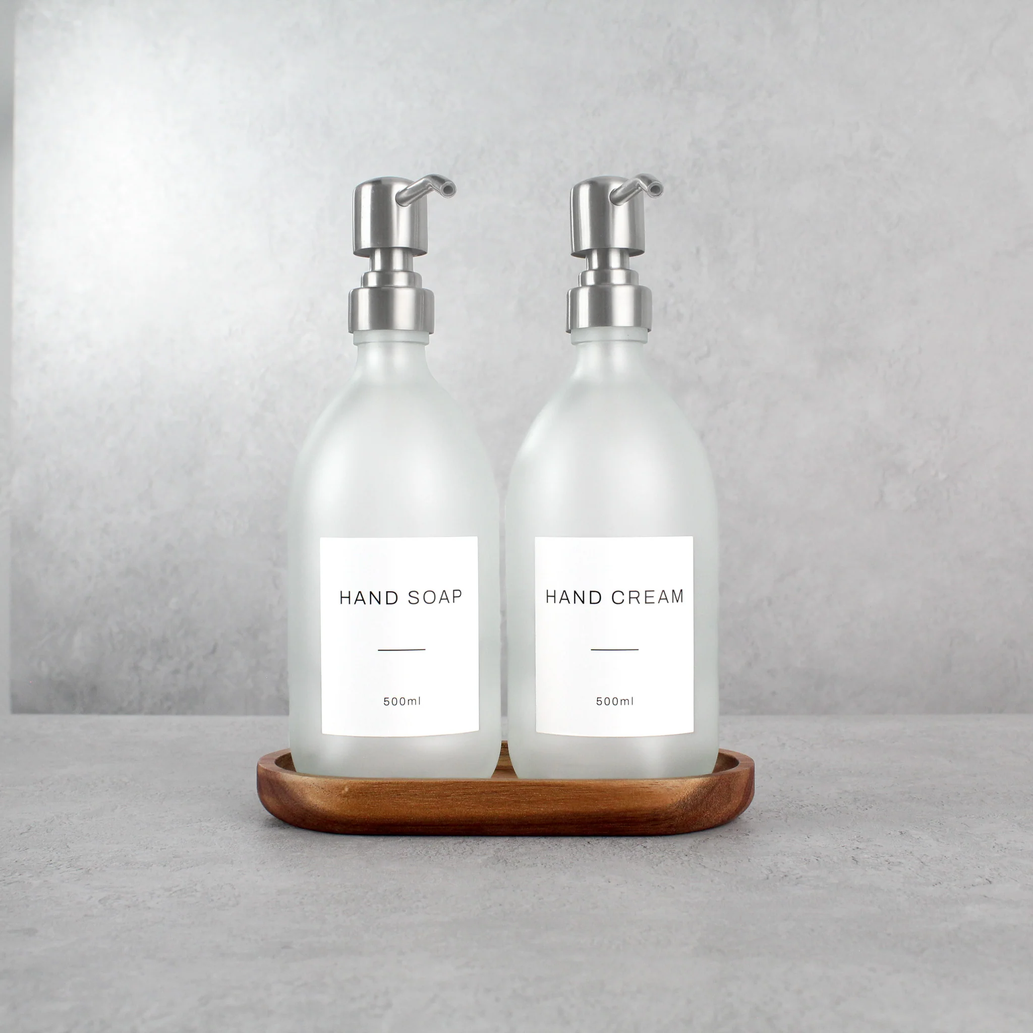 Acacia Tray & Frosted White Glass Dispenser Double Set - Image 2