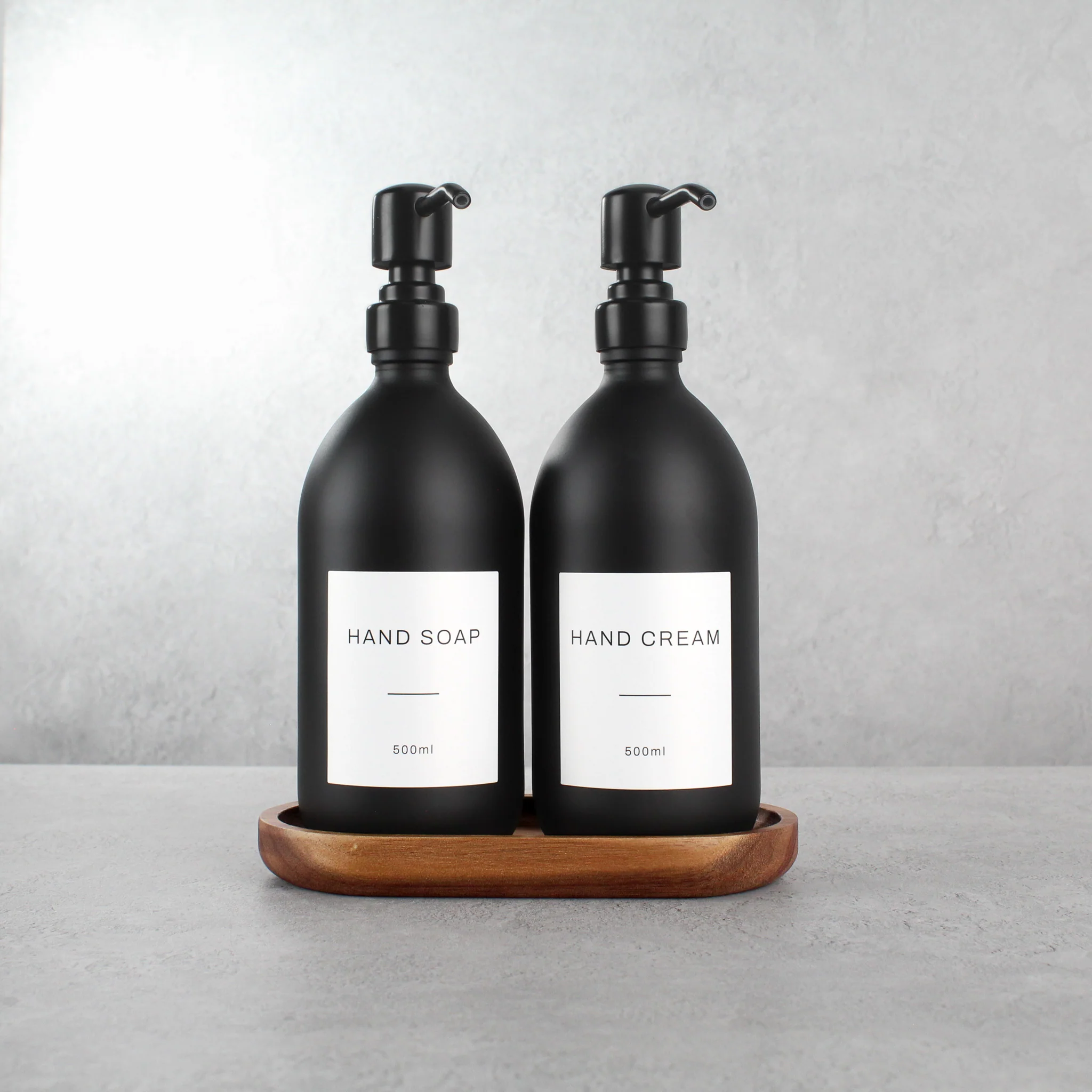 Acacia Tray & Matte Black Glass Dispenser Double Set - Image 2