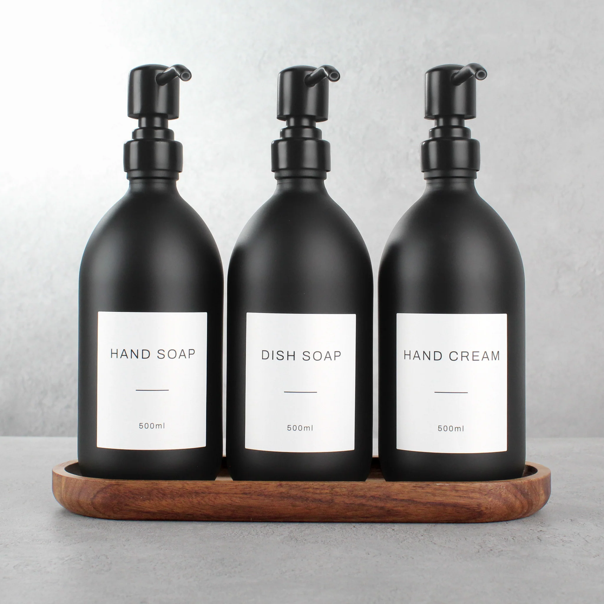 Acacia Tray & Matte Black Glass Dispenser Triple Set