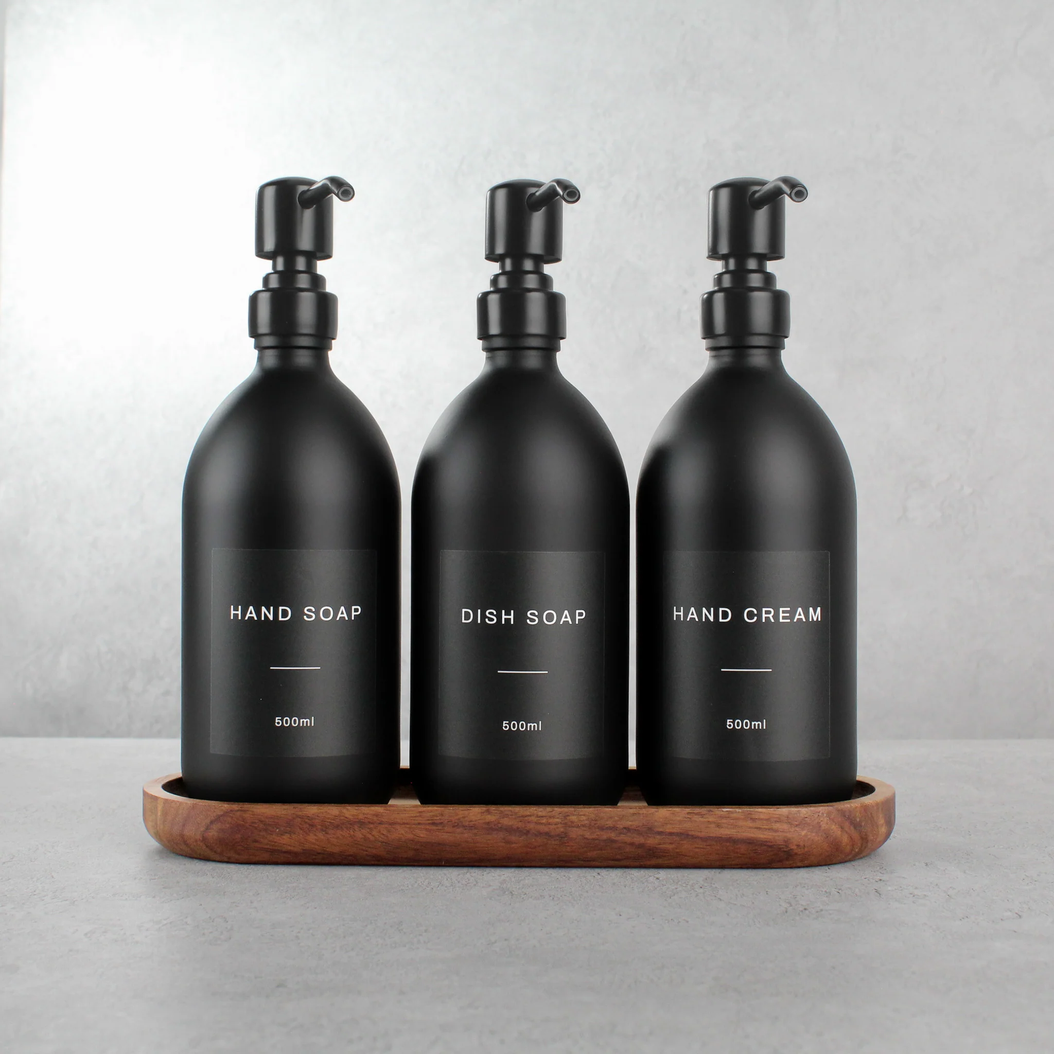 Acacia Tray & Matte Black Glass Dispenser Triple Set - Image 2
