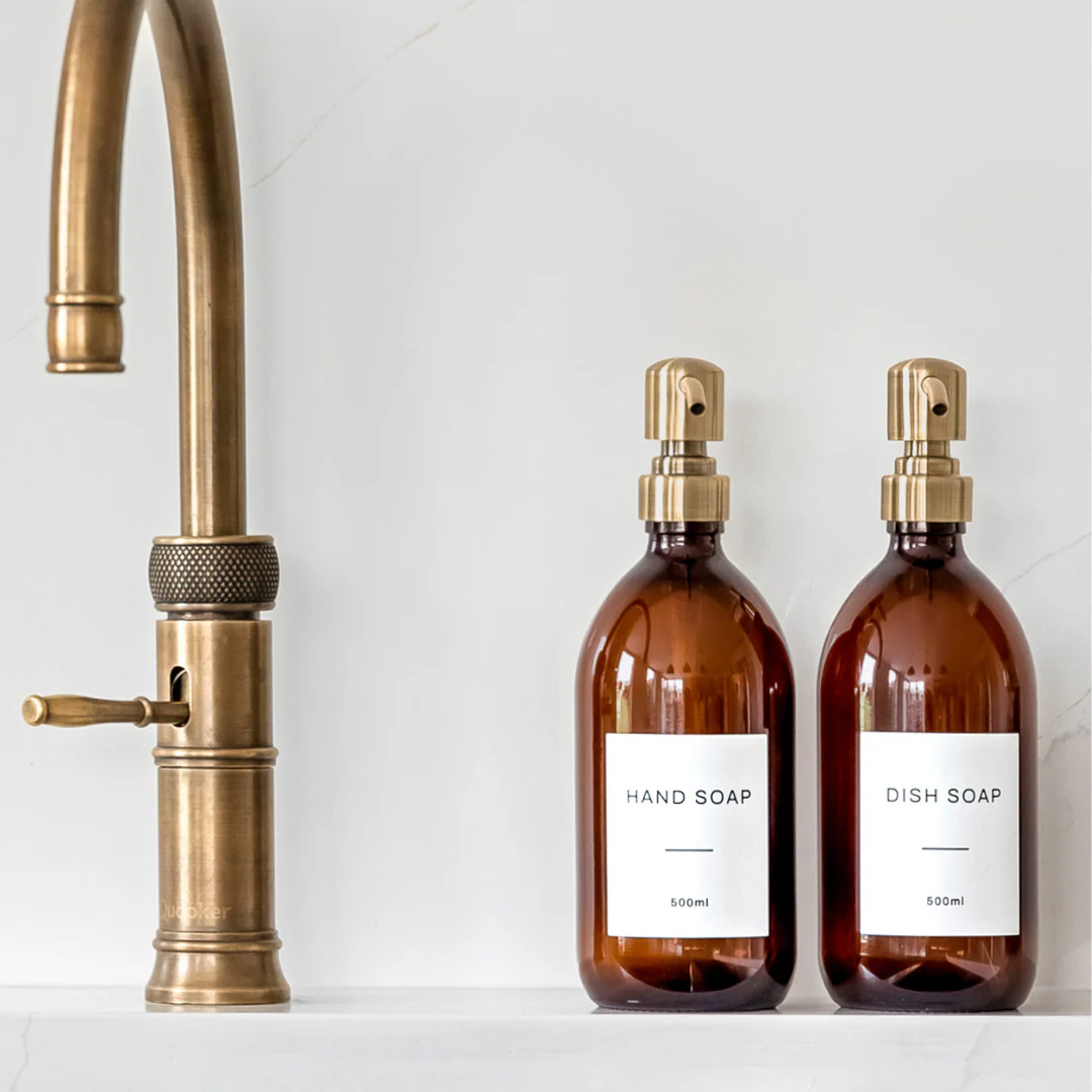 Amber Glass Dispenser Bottle With Gold Pump - Image 4