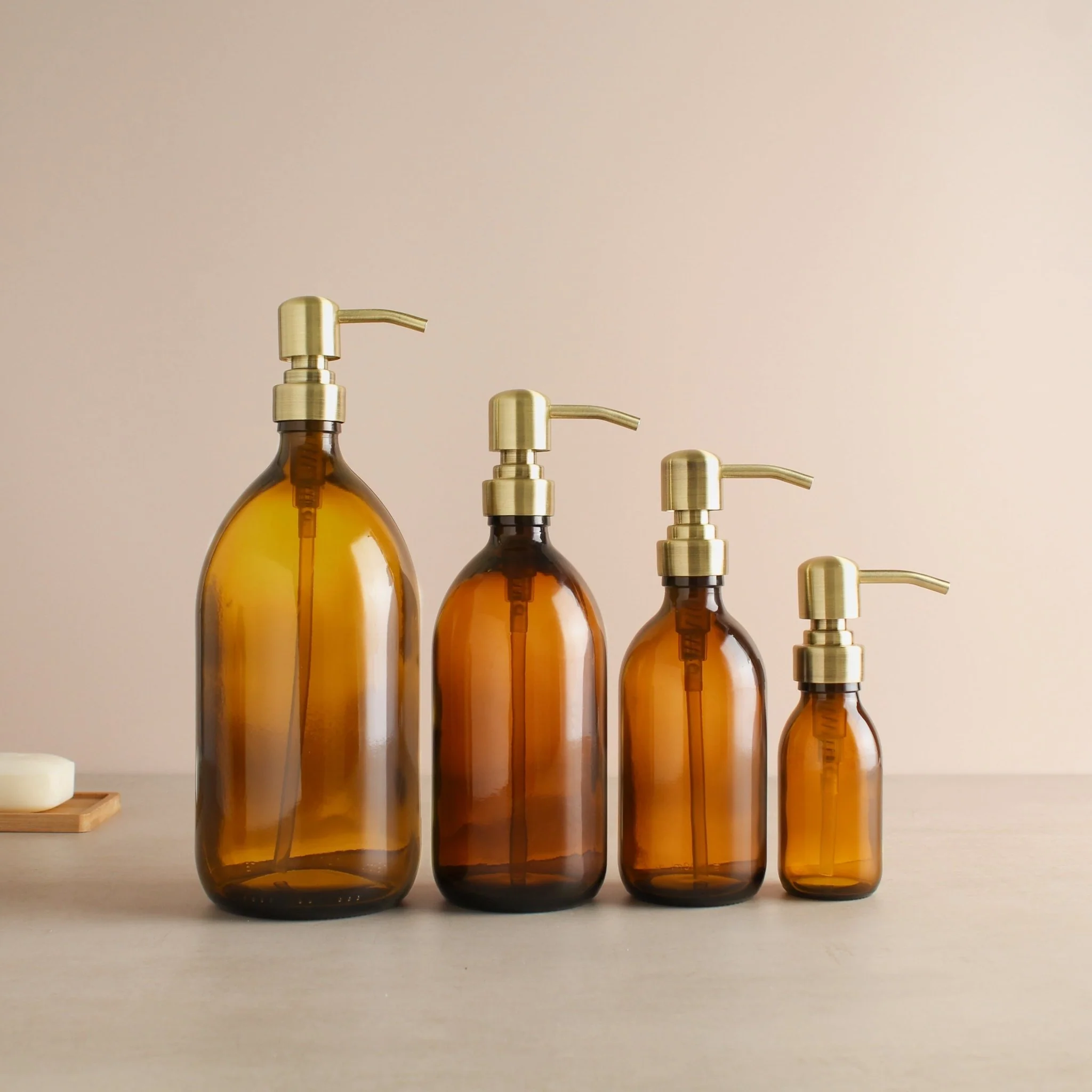 Amber Glass Dispenser Bottle With Gold Pump - Image 5