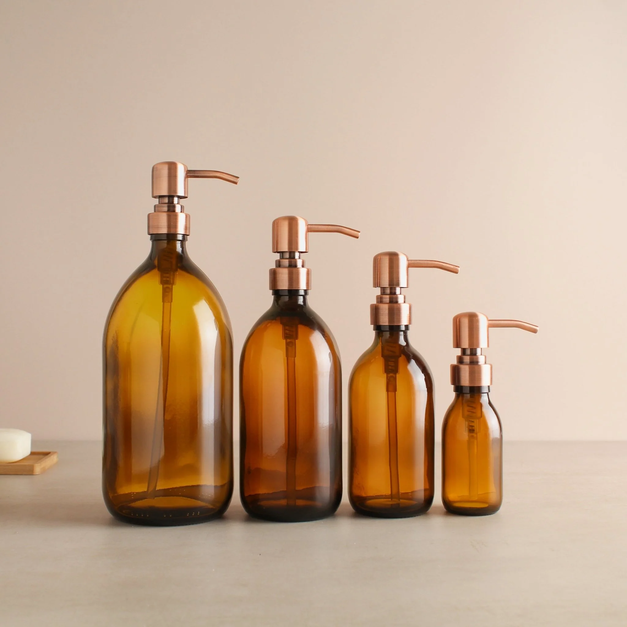 Amber Glass Dispenser Bottle With Rose Gold Pump - Image 2