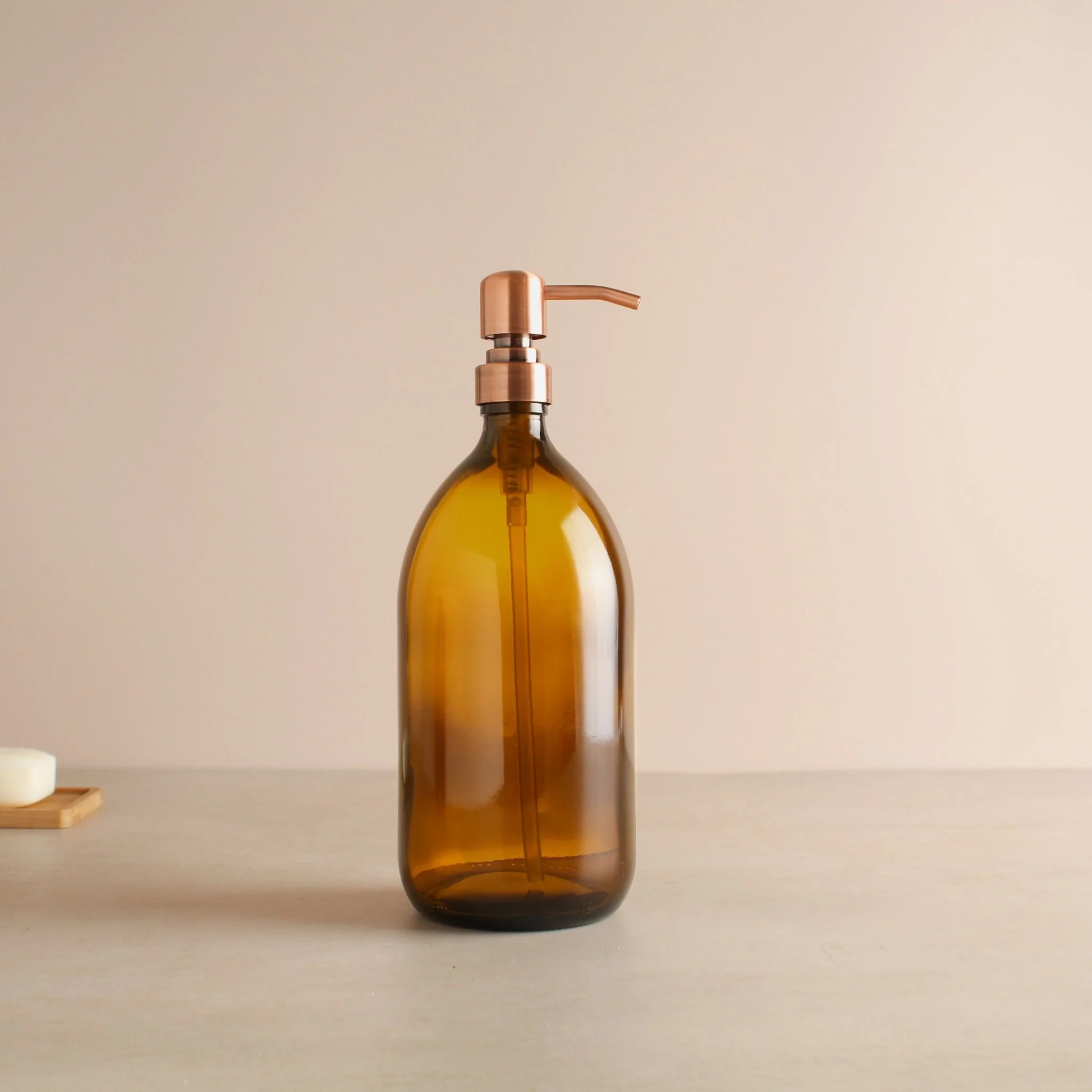 Amber Glass Dispenser Bottle With Rose Gold Pump - Image 3