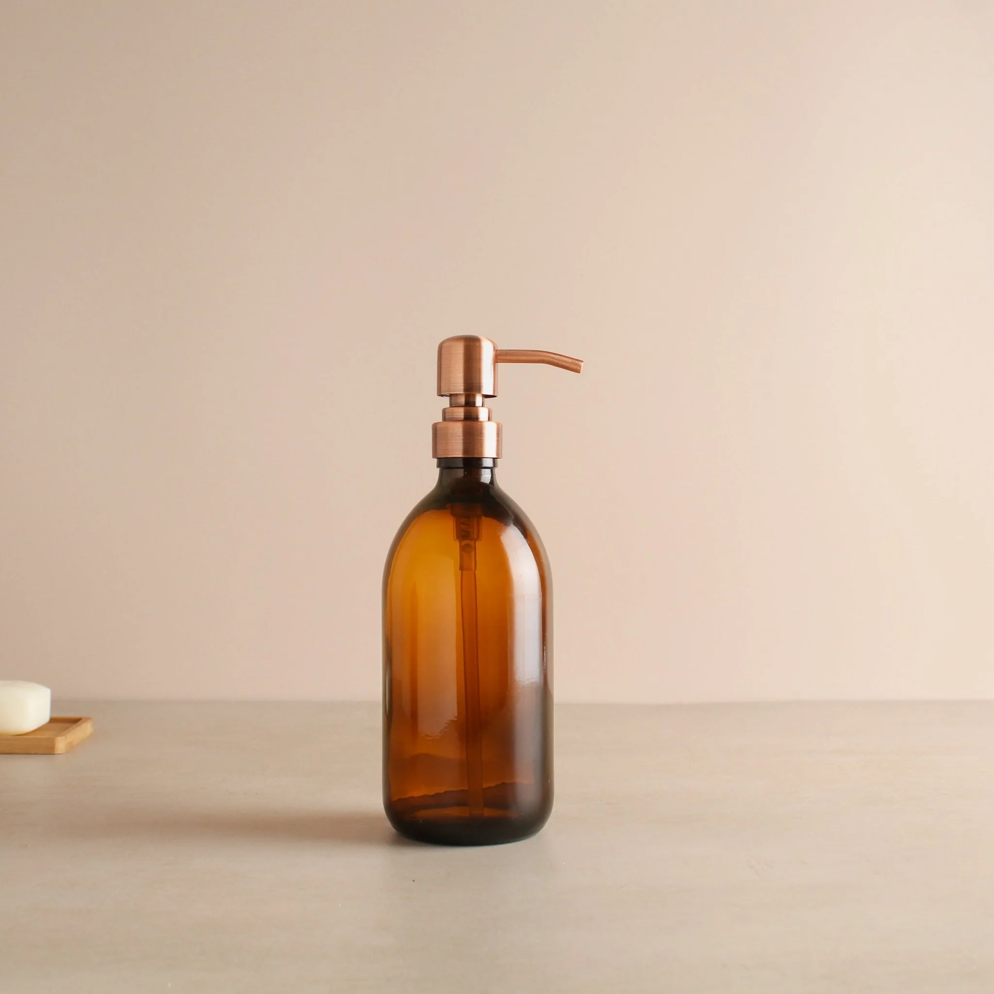 Amber Glass Dispenser Bottle With Rose Gold Pump - Image 4