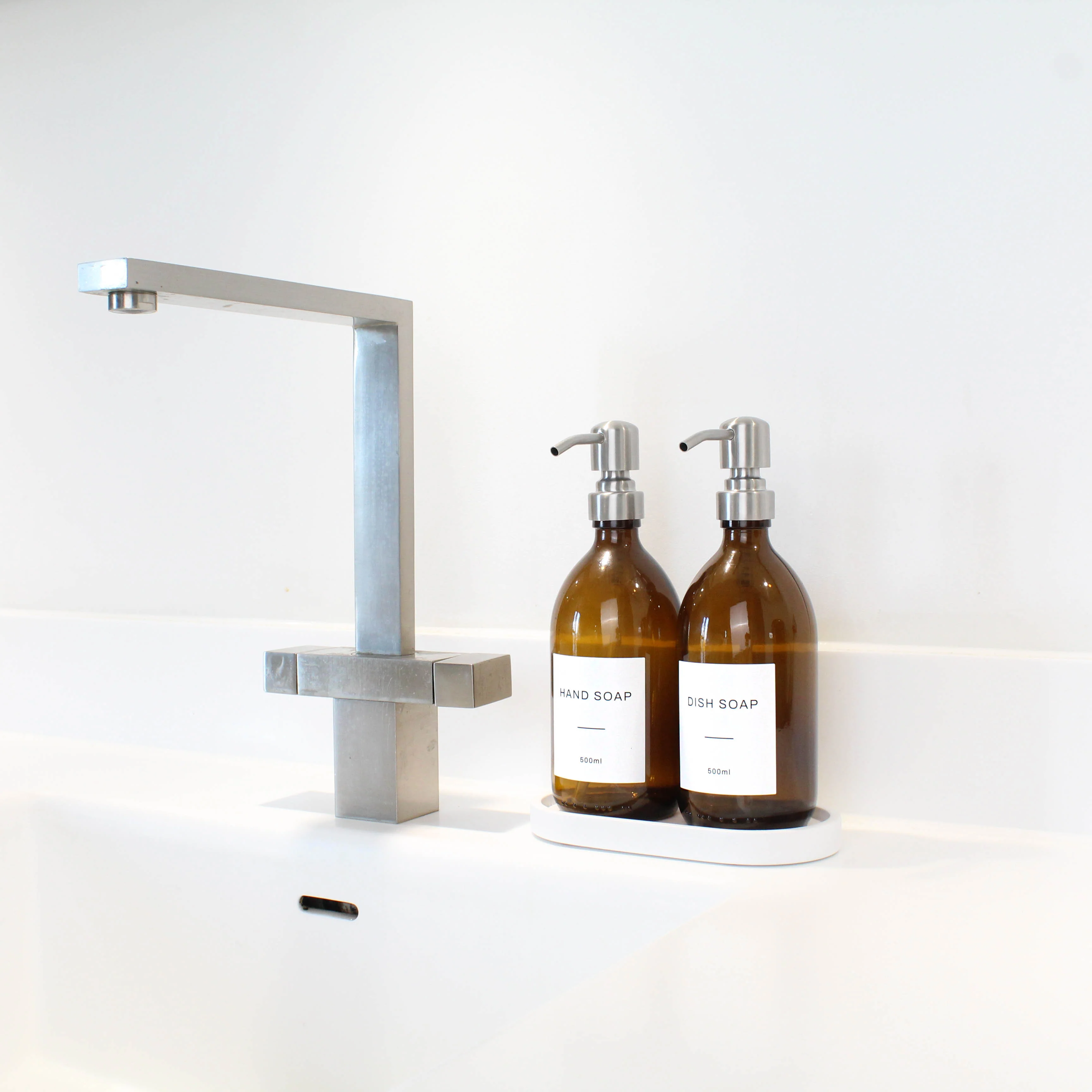 White Tray & Amber Glass Dispenser Double Set - Image 4