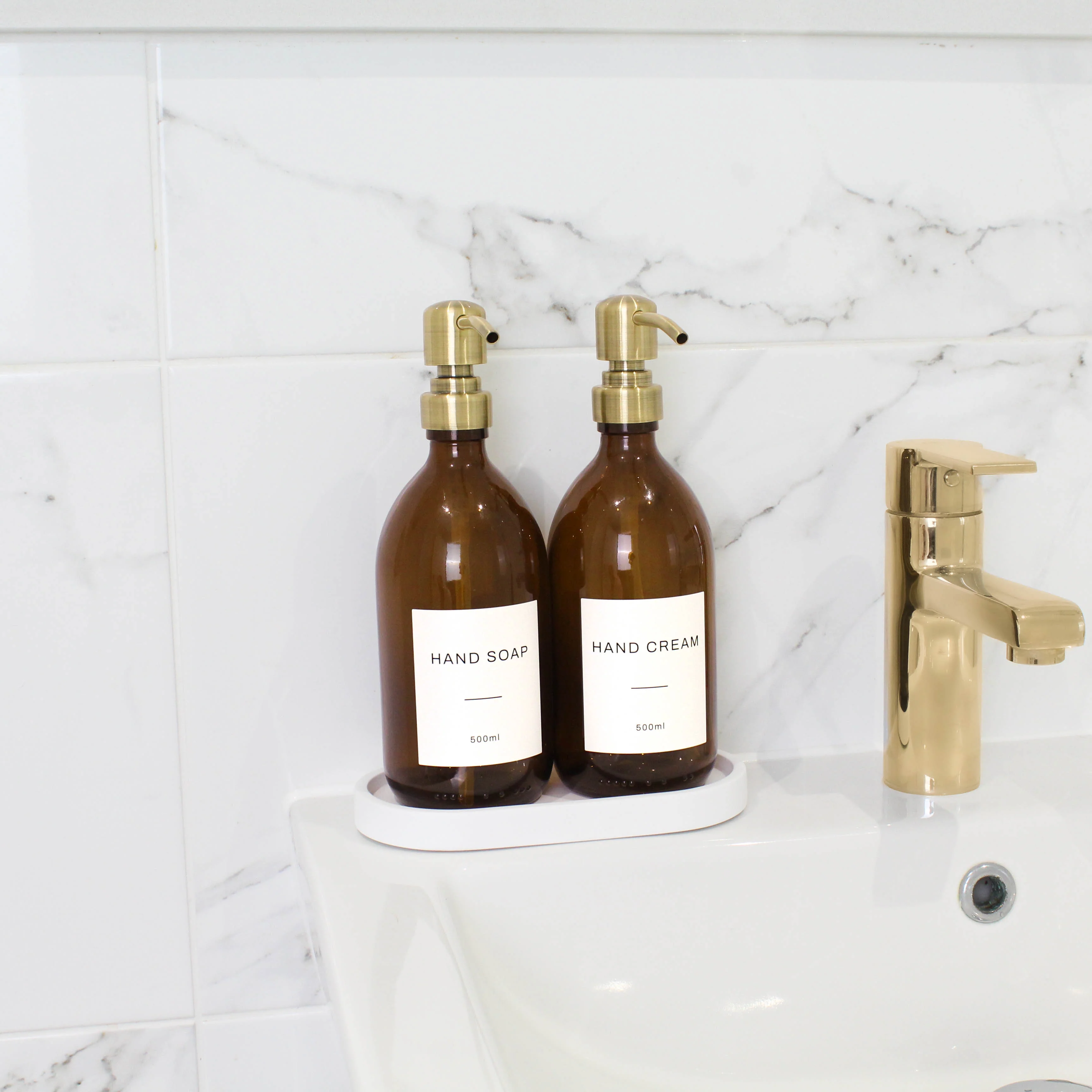 White Tray & Amber Glass Dispenser Double Set - Image 5