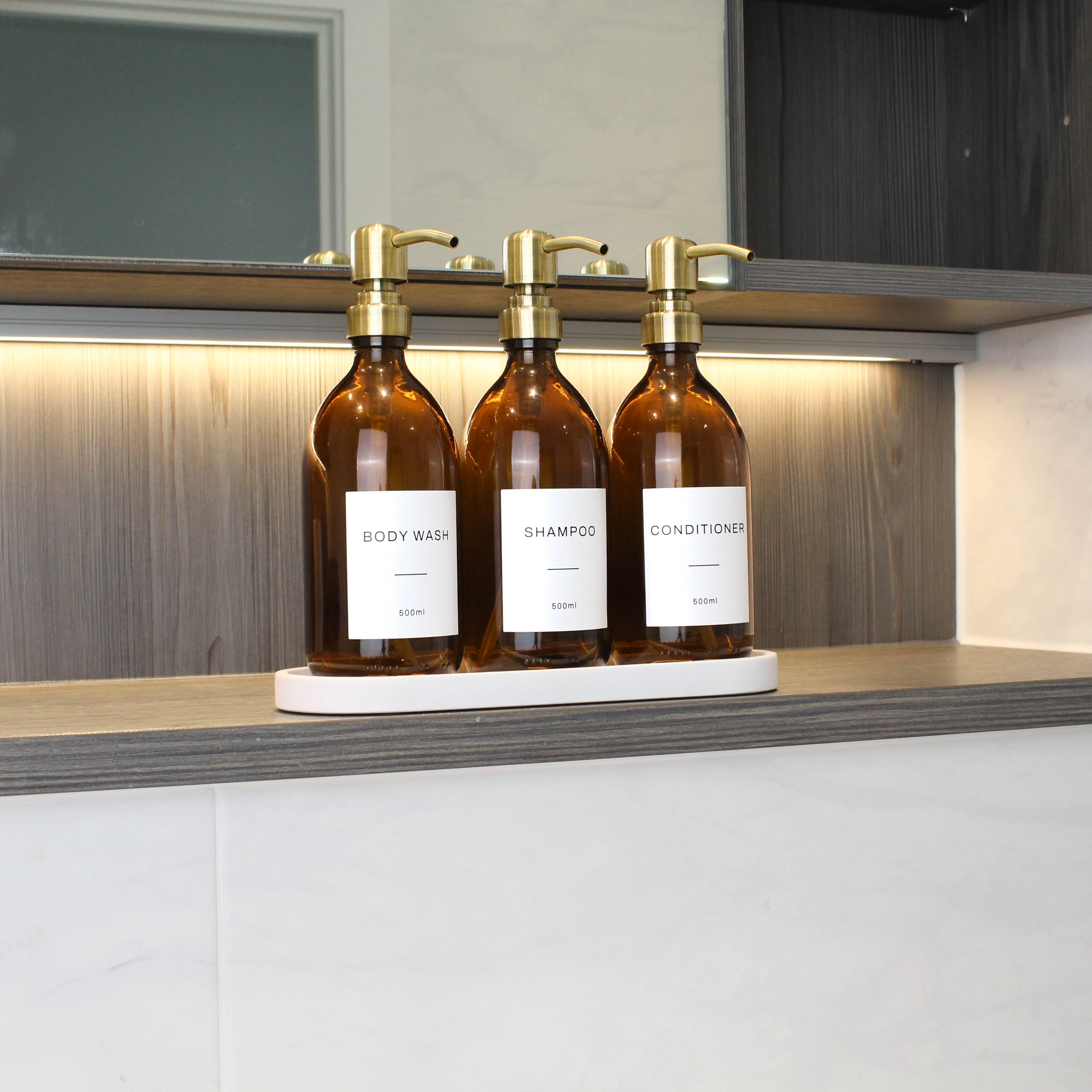 White Tray & Amber Glass Dispenser Triple Set - Image 4
