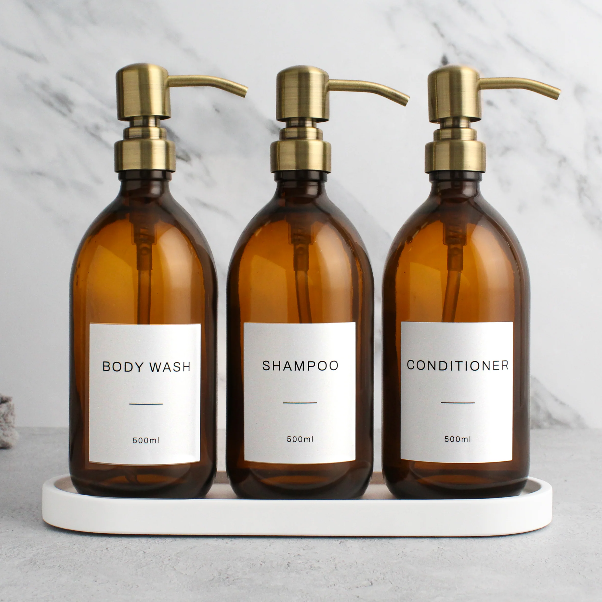 White Tray & Amber Glass Dispenser Triple Set - Image 6