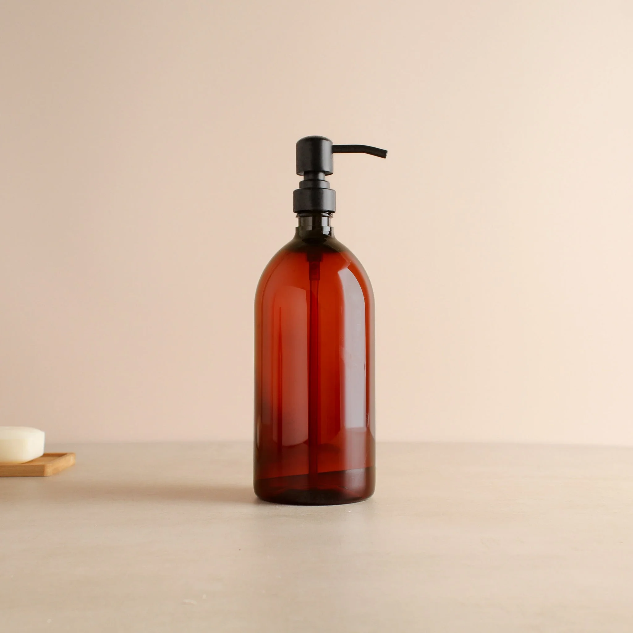 Amber Plastic Dispenser Bottle With Matte Black Pump - Image 3