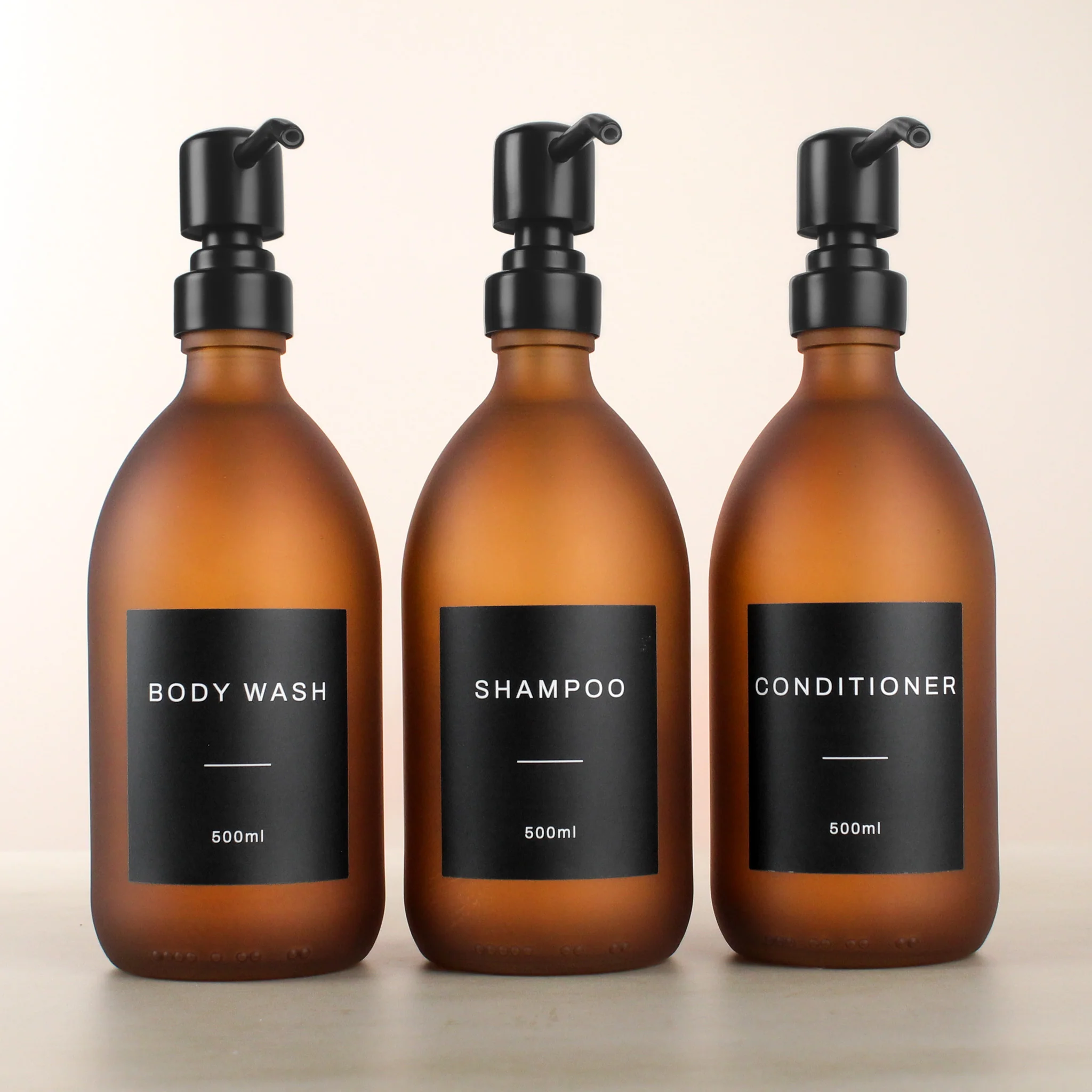 Body Wash, Shampoo & Conditioner Frosted Amber Glass Set