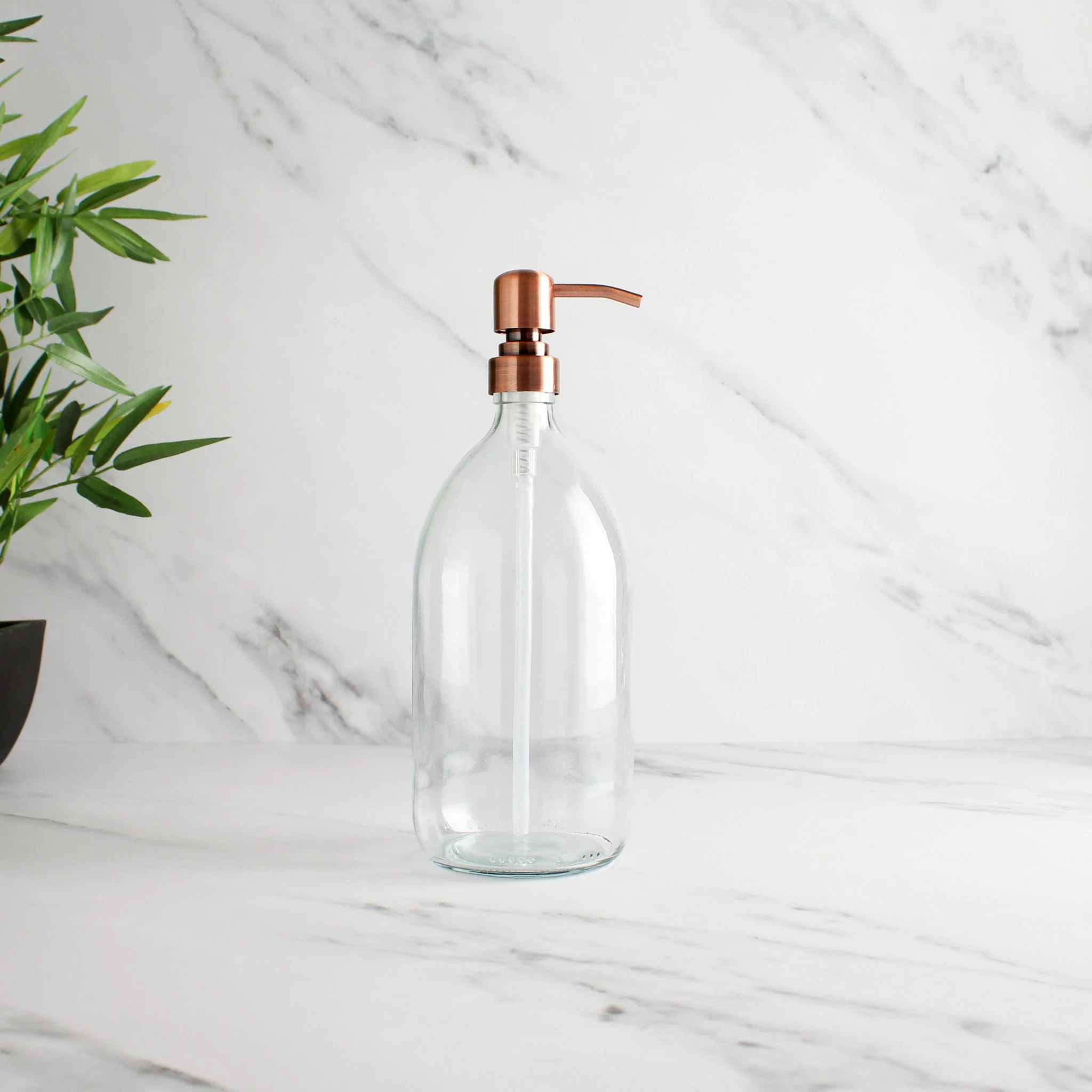 Clear Glass Dispenser Bottle With Rose Gold Pump - Image 3