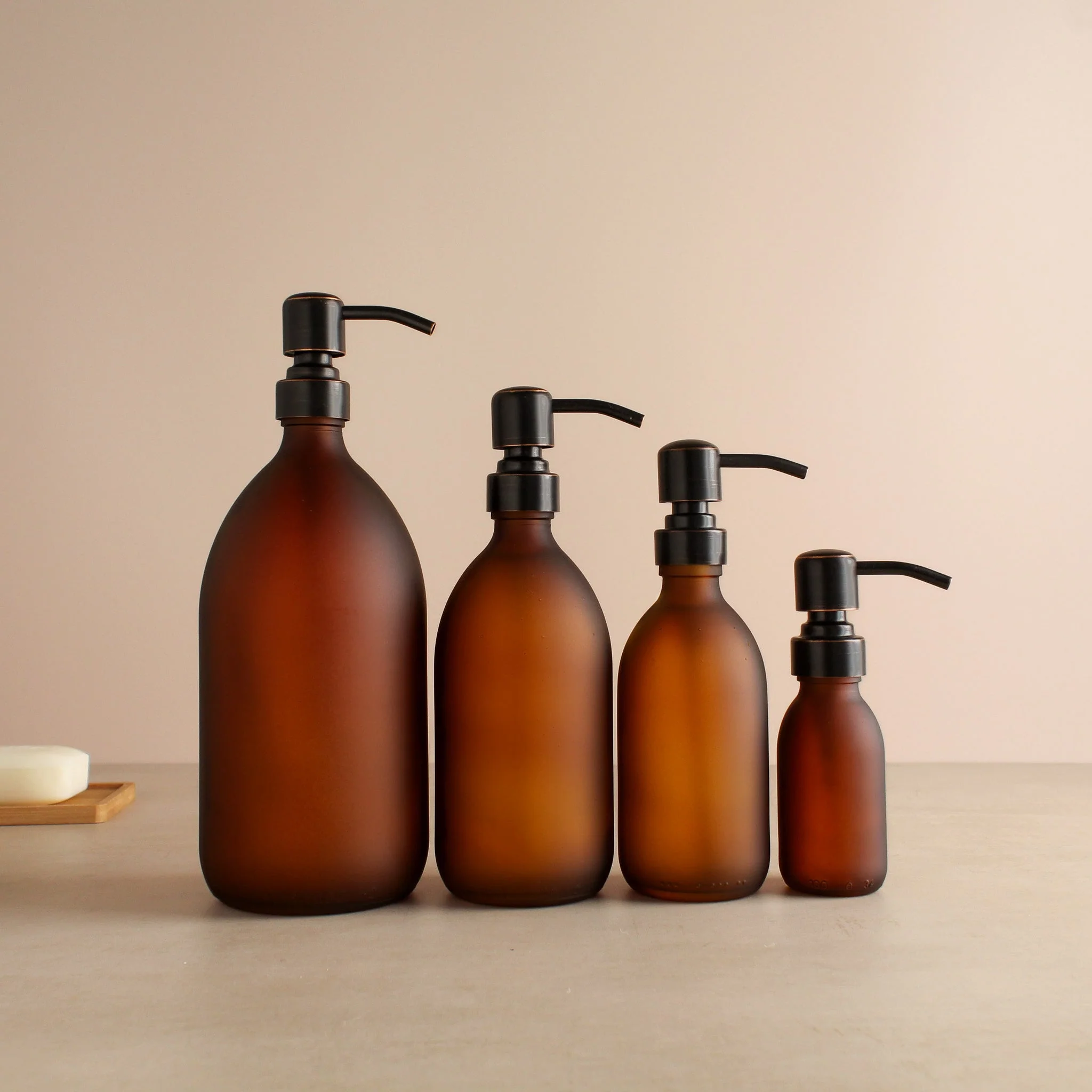 Frosted Amber Glass Dispenser Bottle With Black/Copper Pump - Image 2