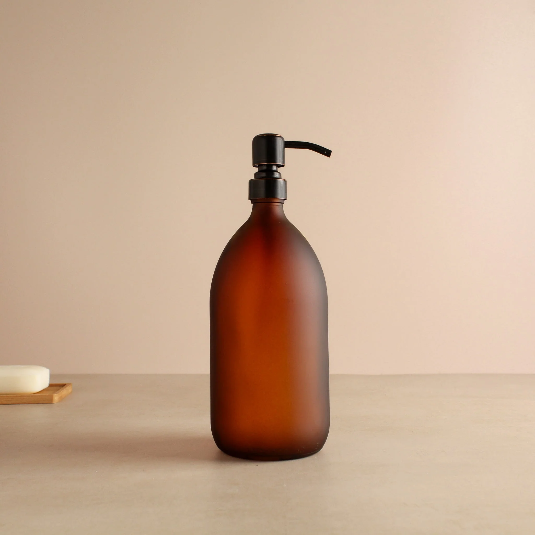 Frosted Amber Glass Dispenser Bottle With Black/Copper Pump - Image 3
