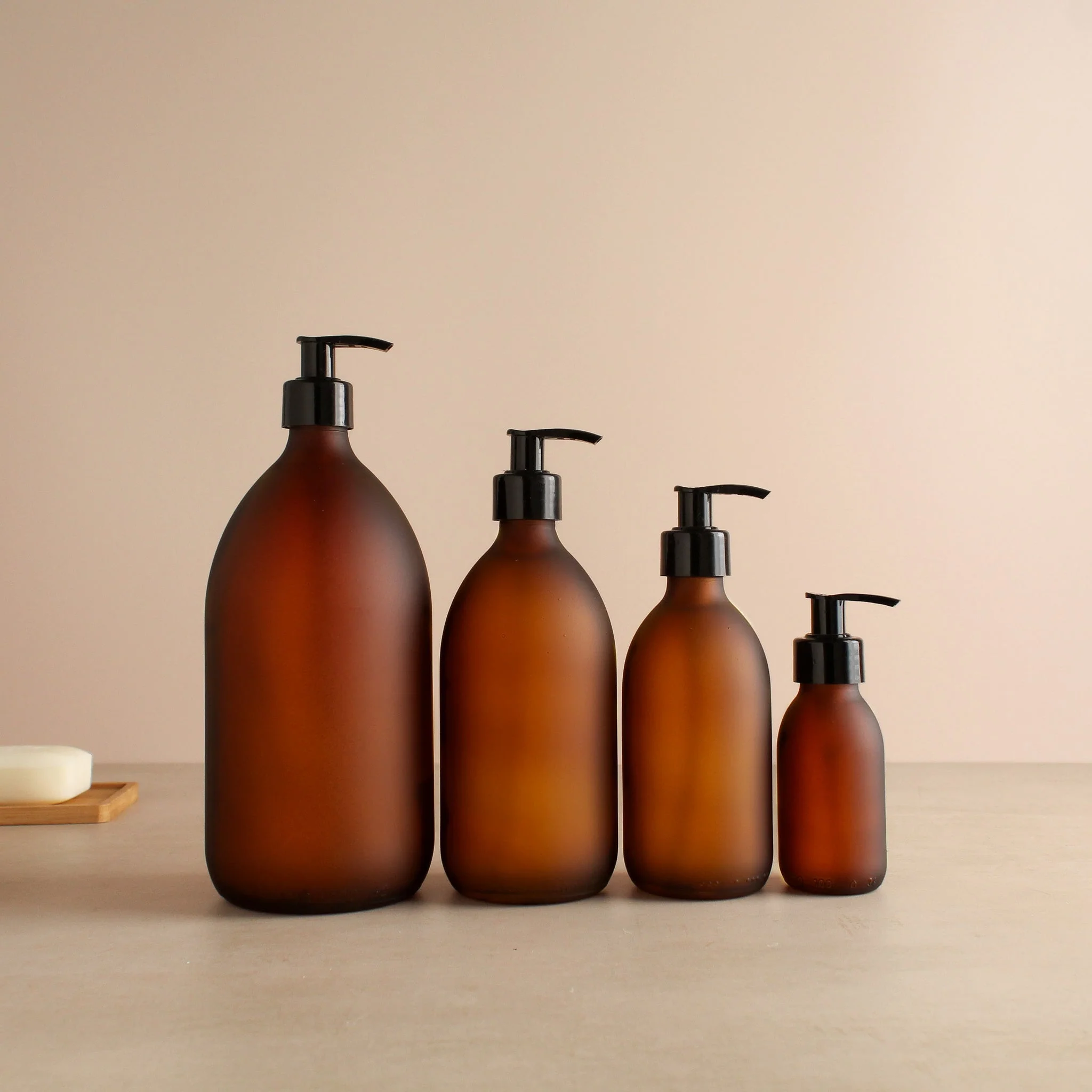 Frosted Amber Glass Dispenser Bottle With Black Pump - Image 2