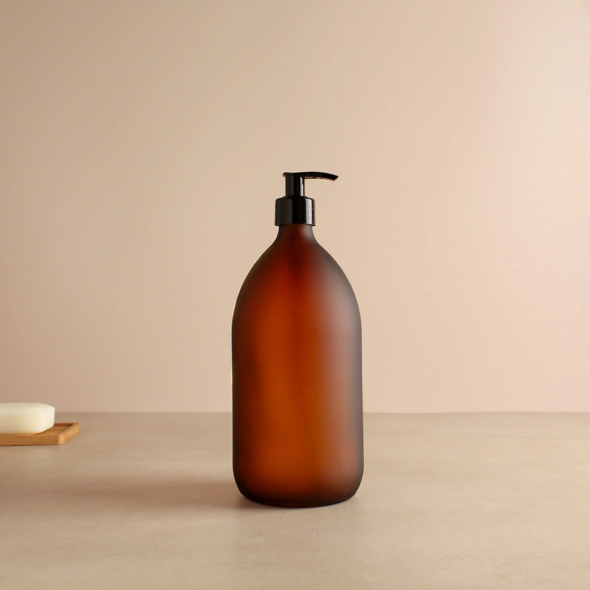 Frosted Amber Glass Dispenser Bottle With Black Pump - Image 3