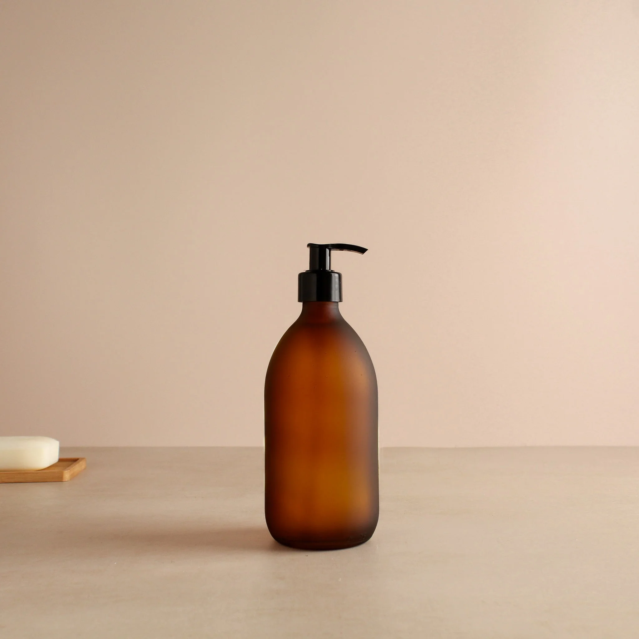 Frosted Amber Glass Dispenser Bottle With Black Pump - Image 4