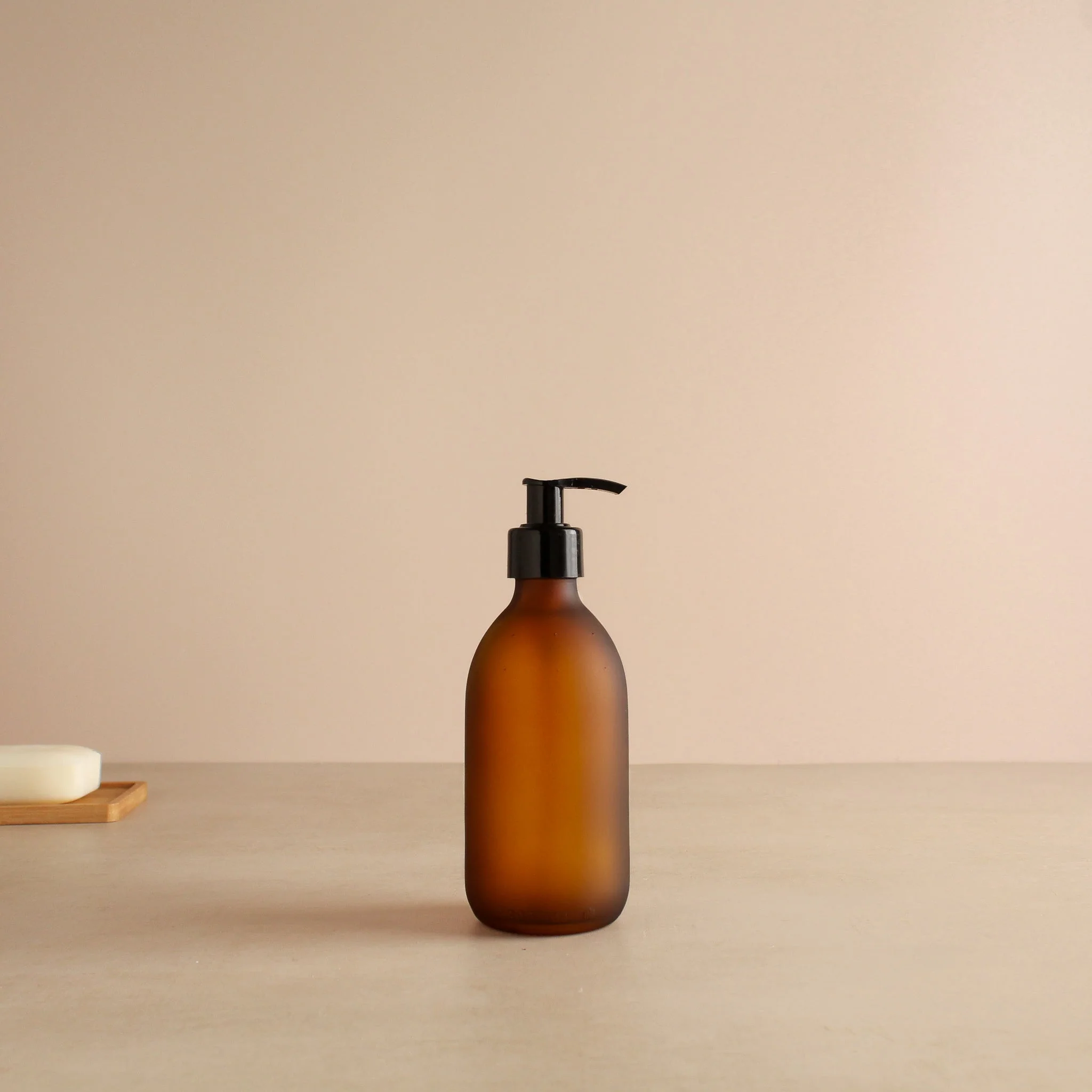 Frosted Amber Glass Dispenser Bottle With Black Pump - Image 5