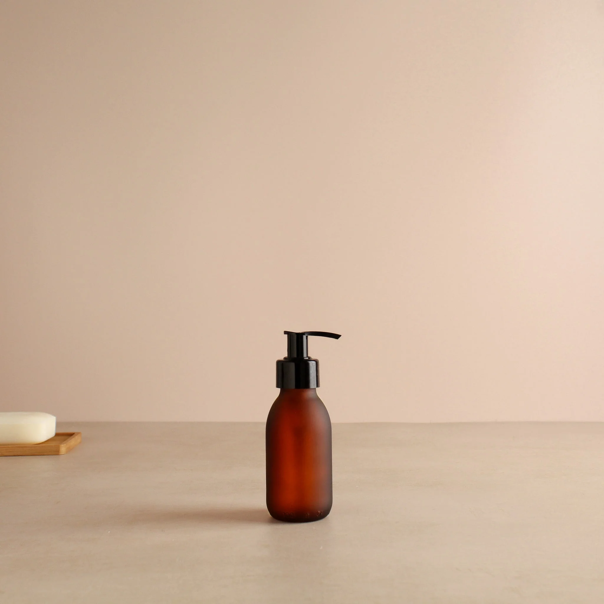 Frosted Amber Glass Dispenser Bottle With Black Pump - Image 6