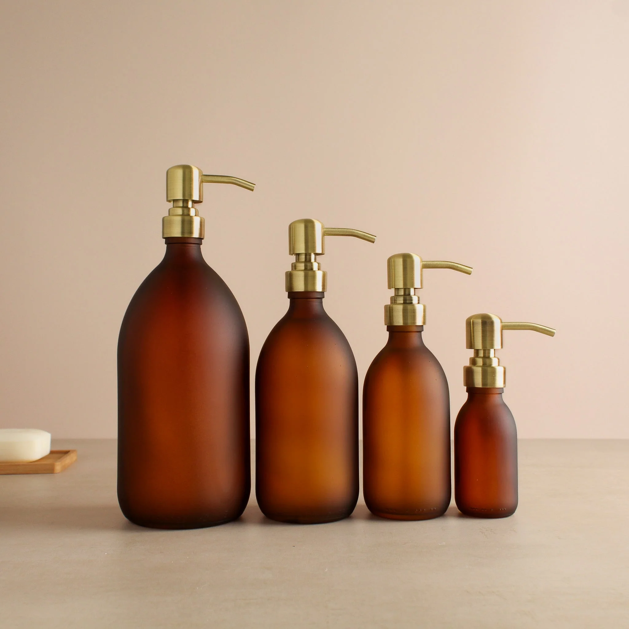 Frosted Amber Glass Dispenser Bottle With Gold Pump - Image 2