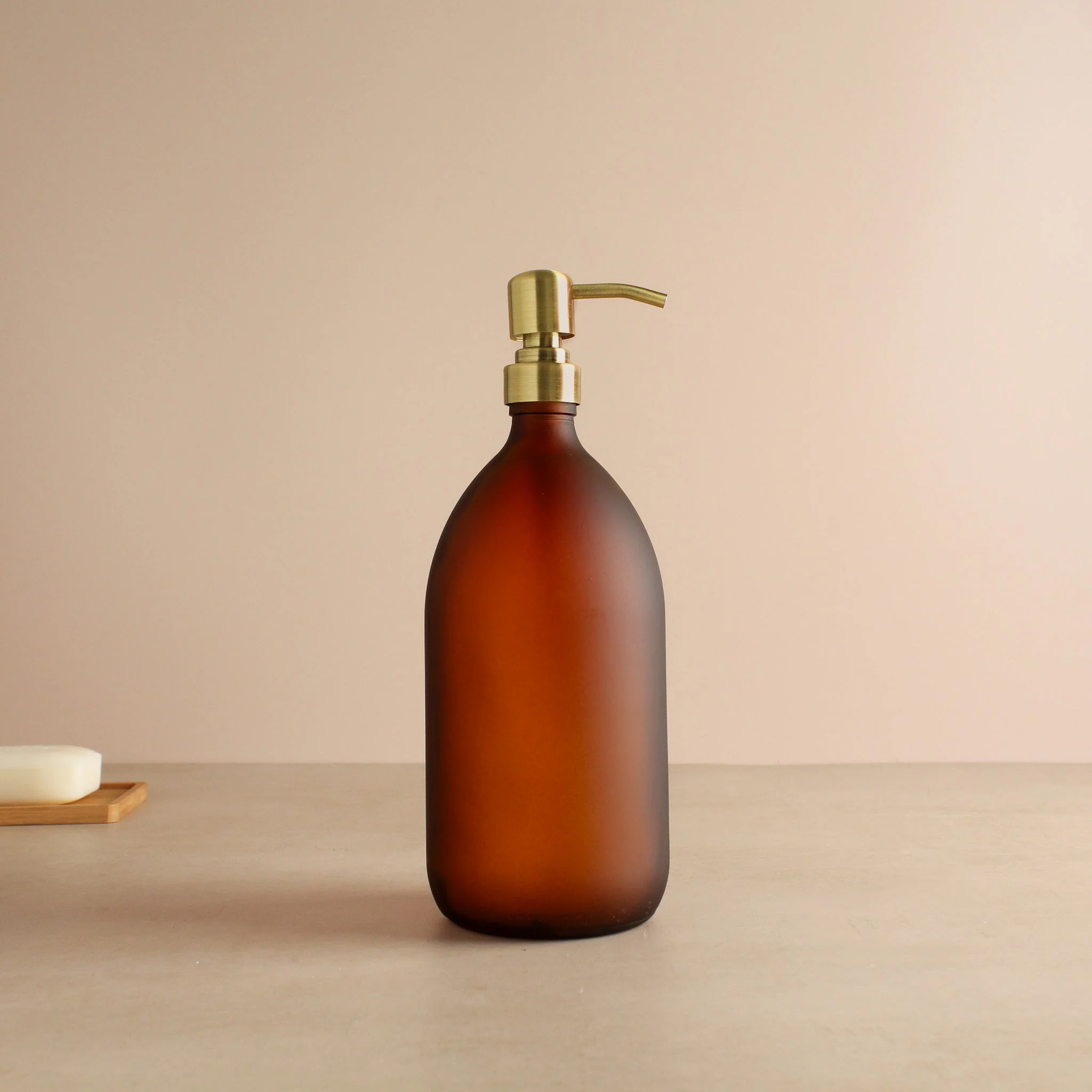Frosted Amber Glass Dispenser Bottle With Gold Pump - Image 3