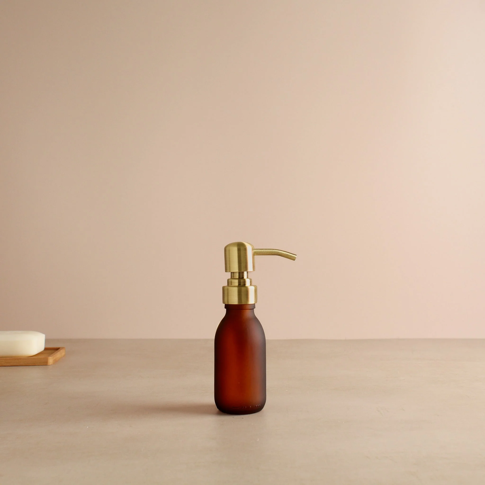 Frosted Amber Glass Dispenser Bottle With Gold Pump - Image 6