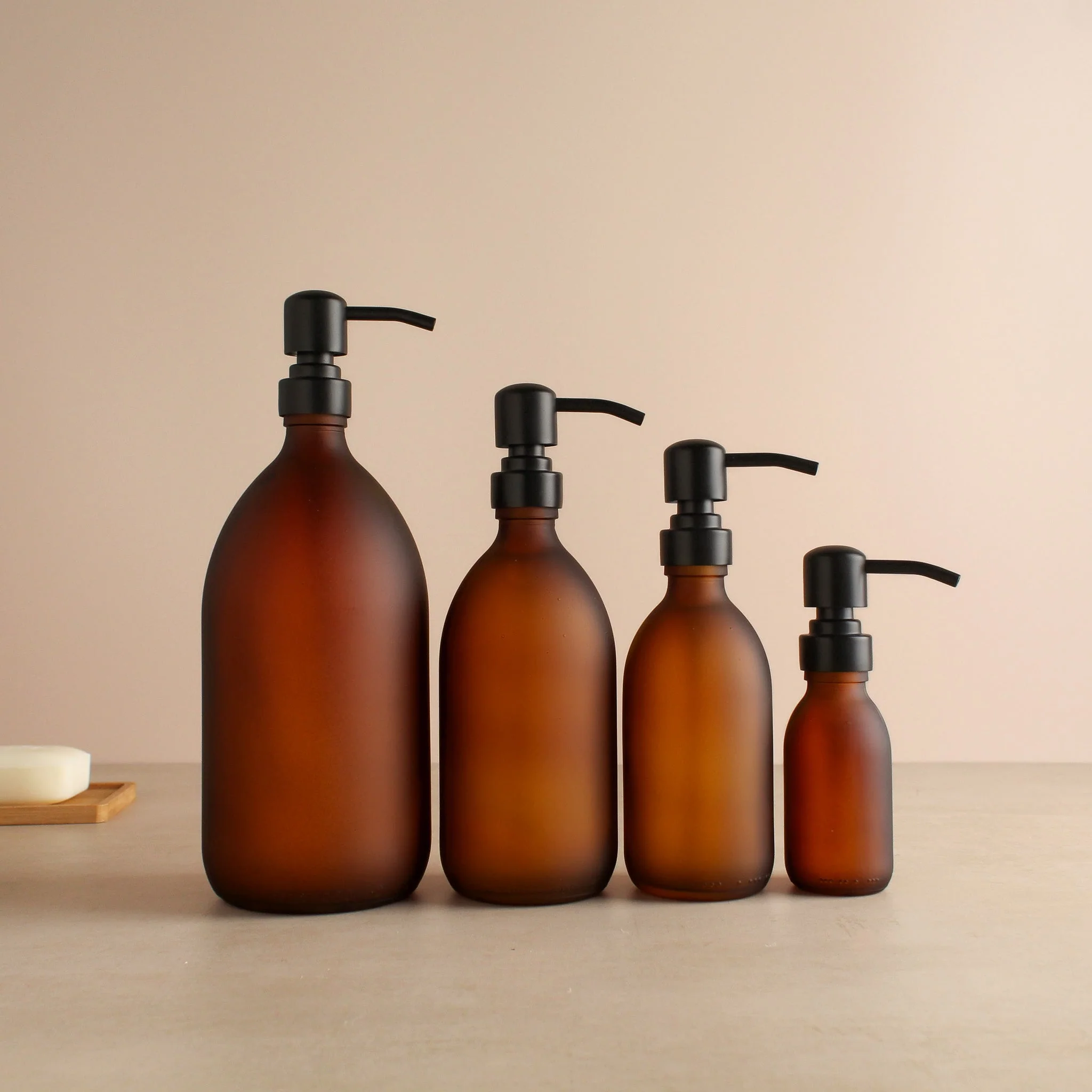 Frosted Amber Glass Dispenser Bottle With Matte Black Pump - Image 2