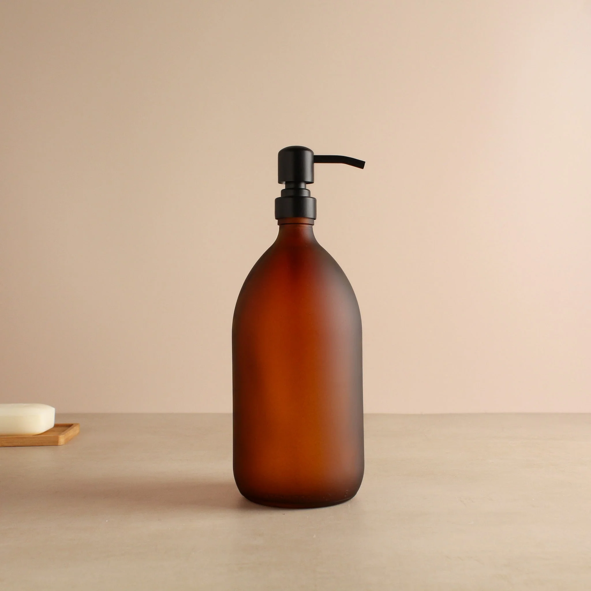 Frosted Amber Glass Dispenser Bottle With Matte Black Pump - Image 3