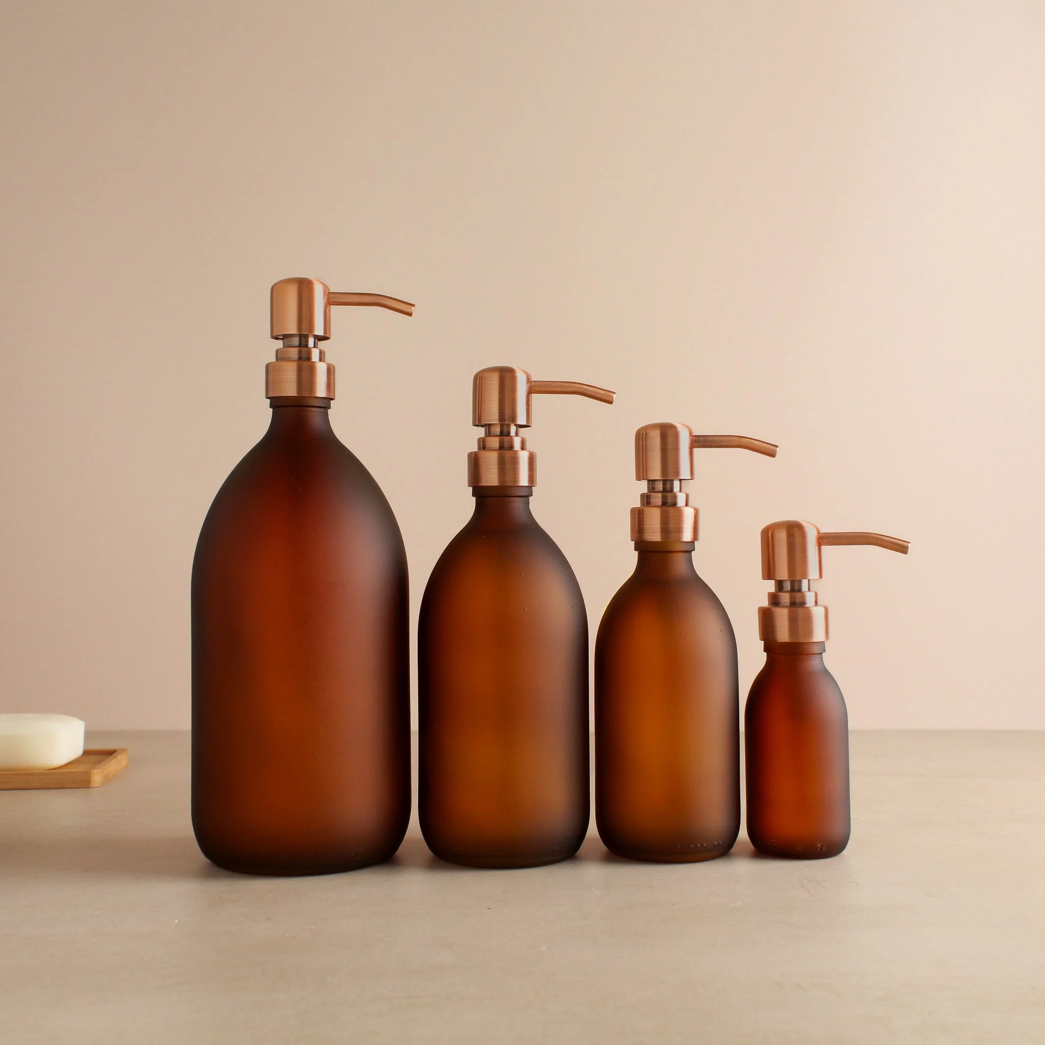 Frosted Amber Glass Dispenser Bottle With Rose Gold Pump - Image 2