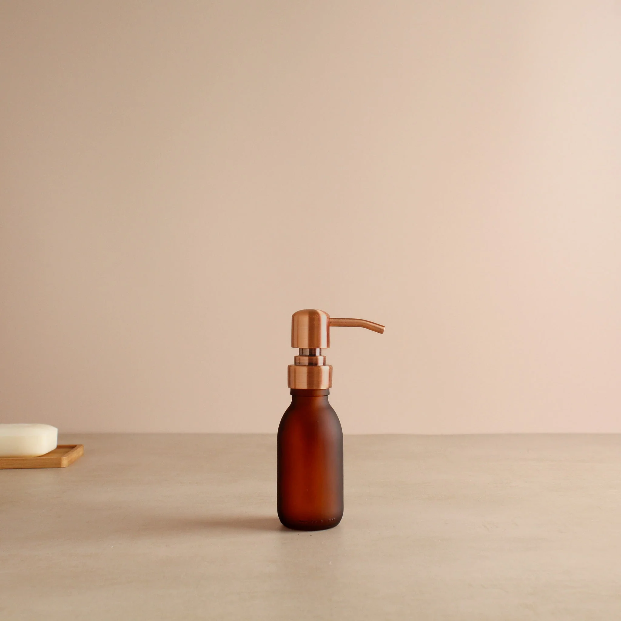 Frosted Amber Glass Dispenser Bottle With Rose Gold Pump - Image 6