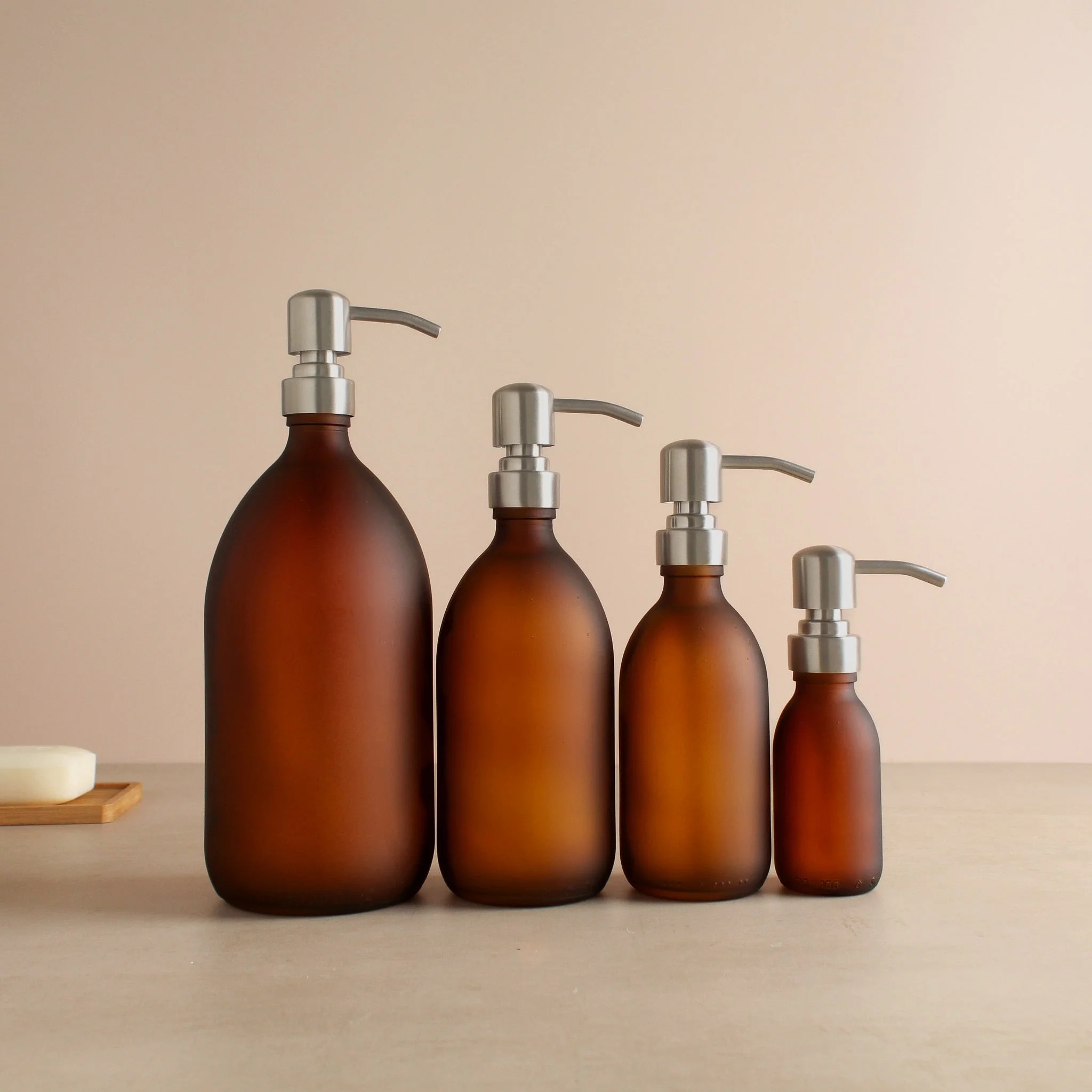 Frosted Amber Glass Dispenser Bottle With Silver Pump - Image 2