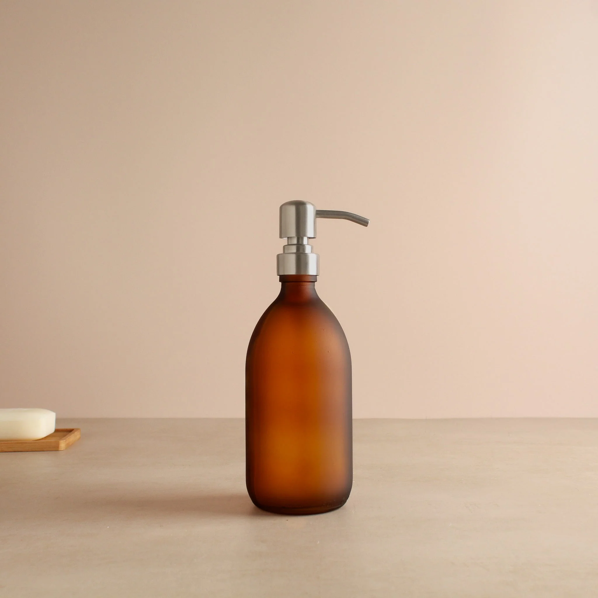 Frosted Amber Glass Dispenser Bottle With Silver Pump - Image 4