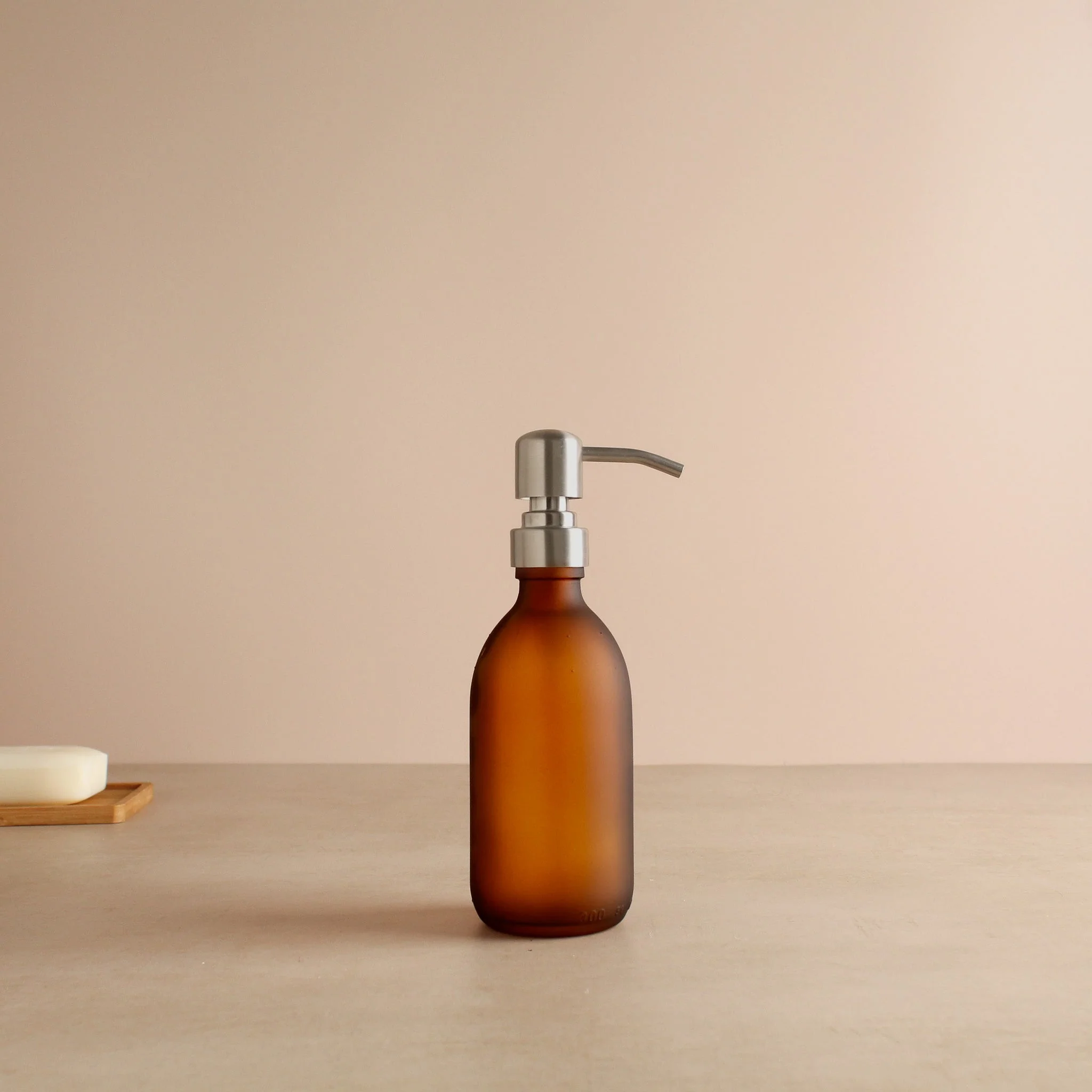 Frosted Amber Glass Dispenser Bottle With Silver Pump - Image 5