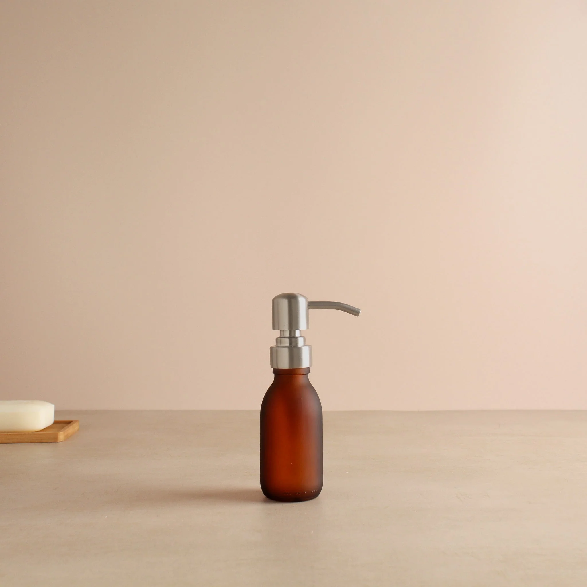 Frosted Amber Glass Dispenser Bottle With Silver Pump - Image 6