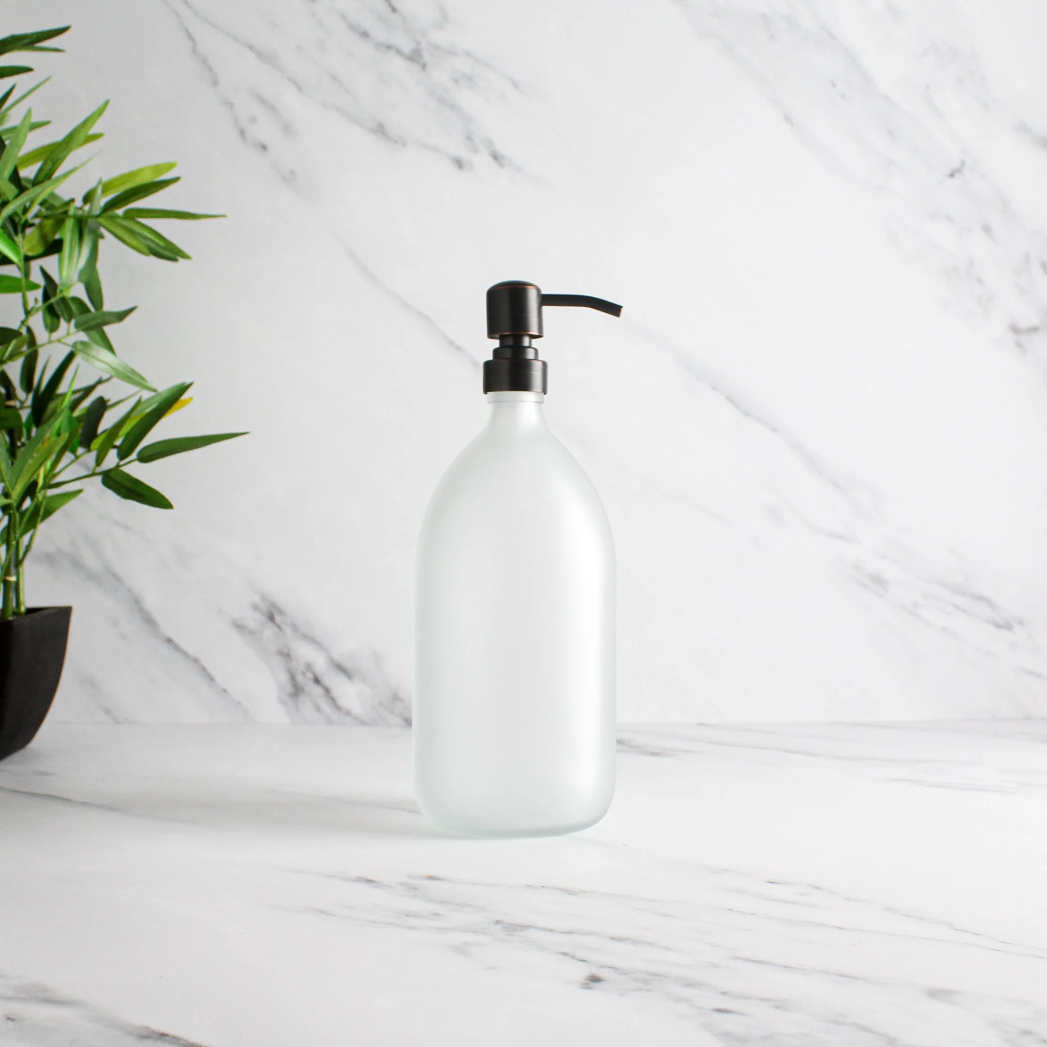 Frosted White Glass Dispenser Bottle With Black/Copper Pump - Image 3