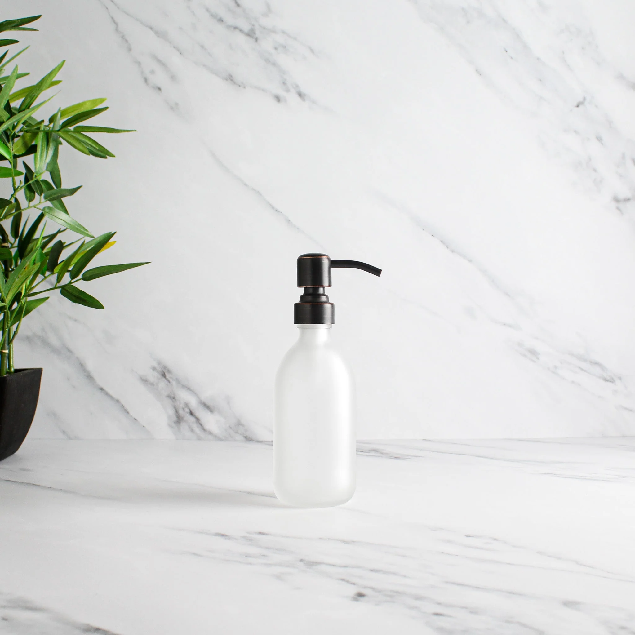 Frosted White Glass Dispenser Bottle With Black/Copper Pump - Image 5