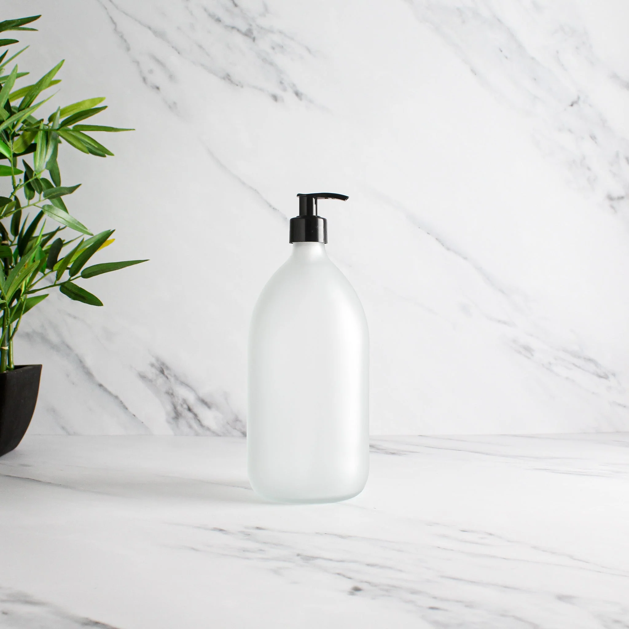 Frosted White Glass Dispenser Bottle With Black Pump - Image 3