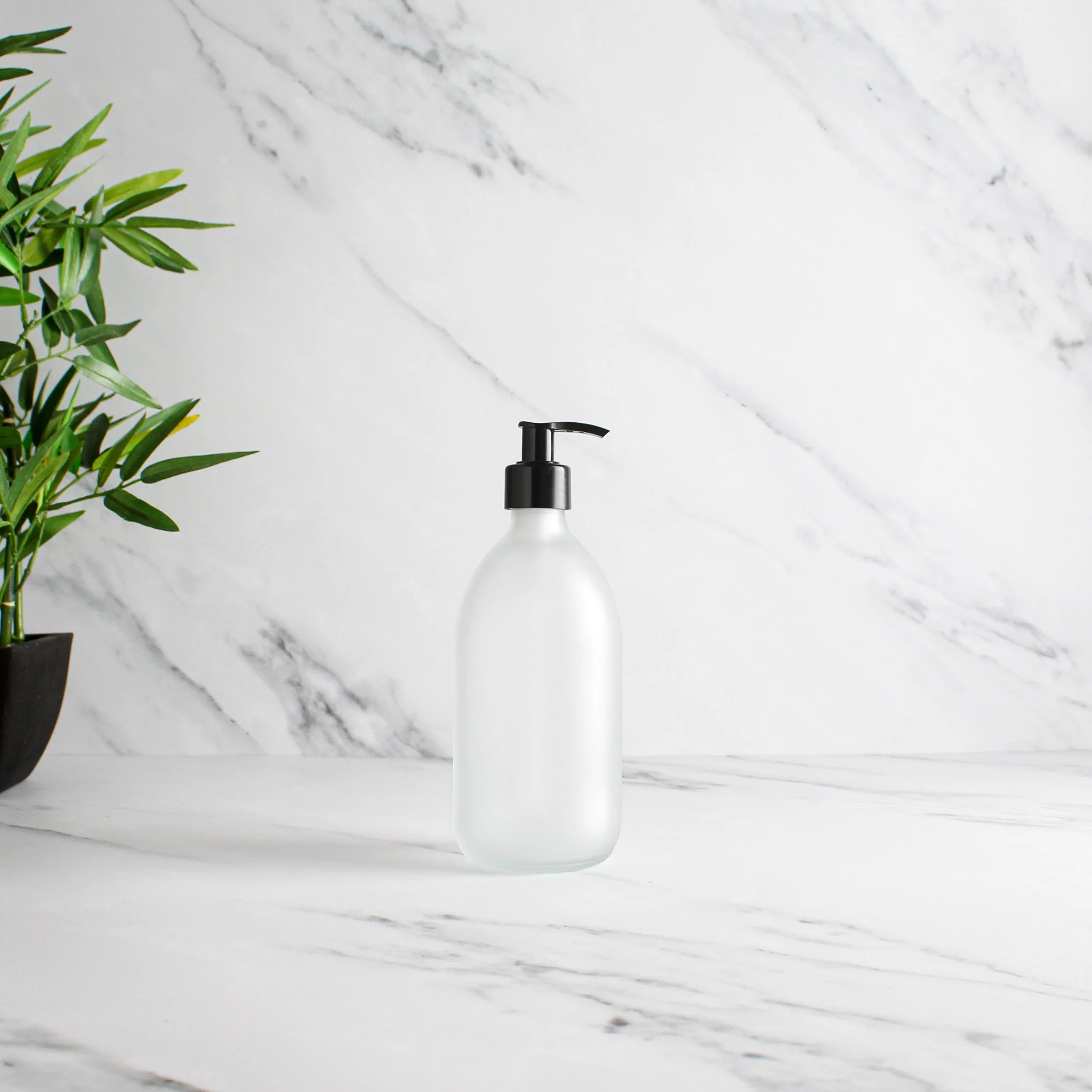 Frosted White Glass Dispenser Bottle With Black Pump - Image 4