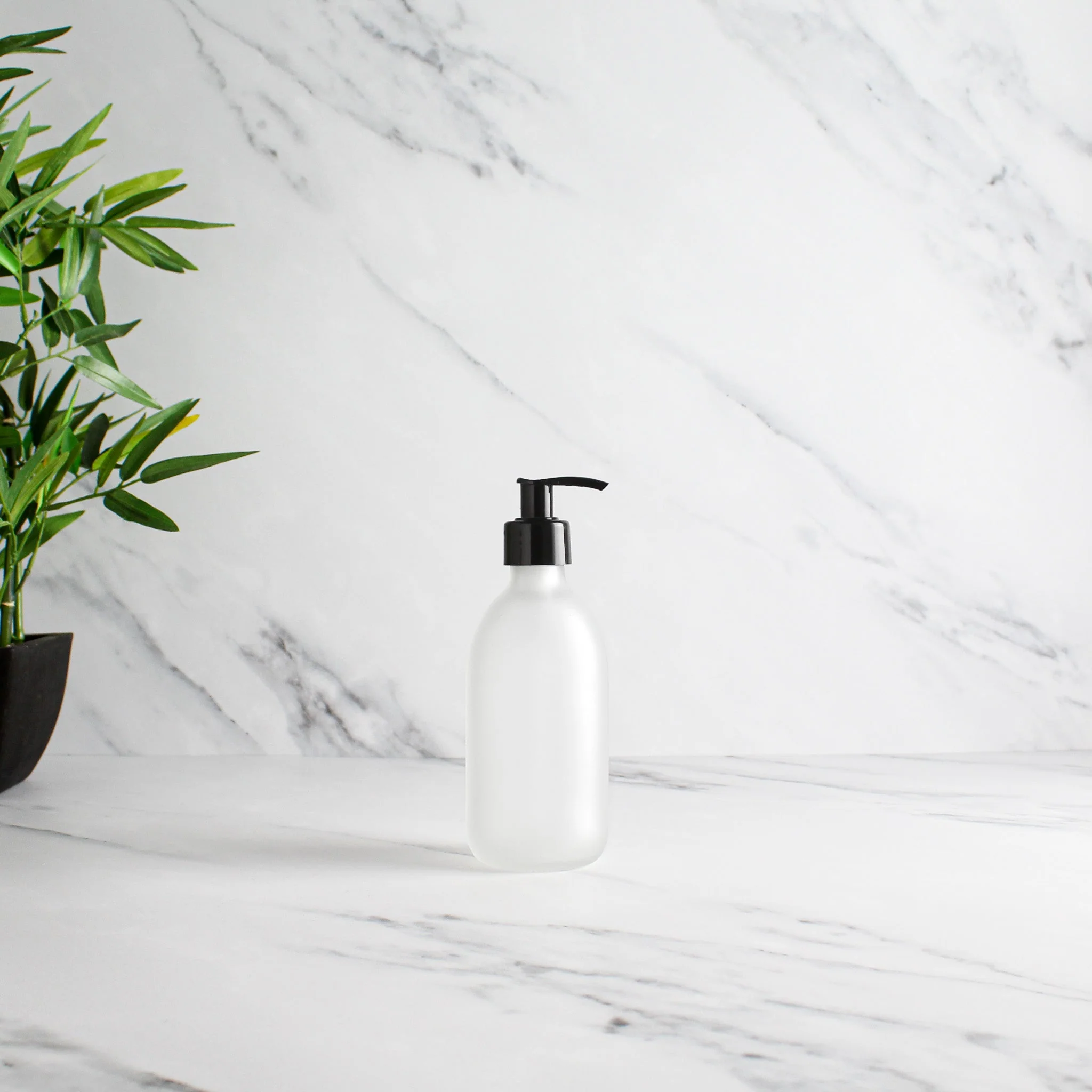 Frosted White Glass Dispenser Bottle With Black Pump - Image 5