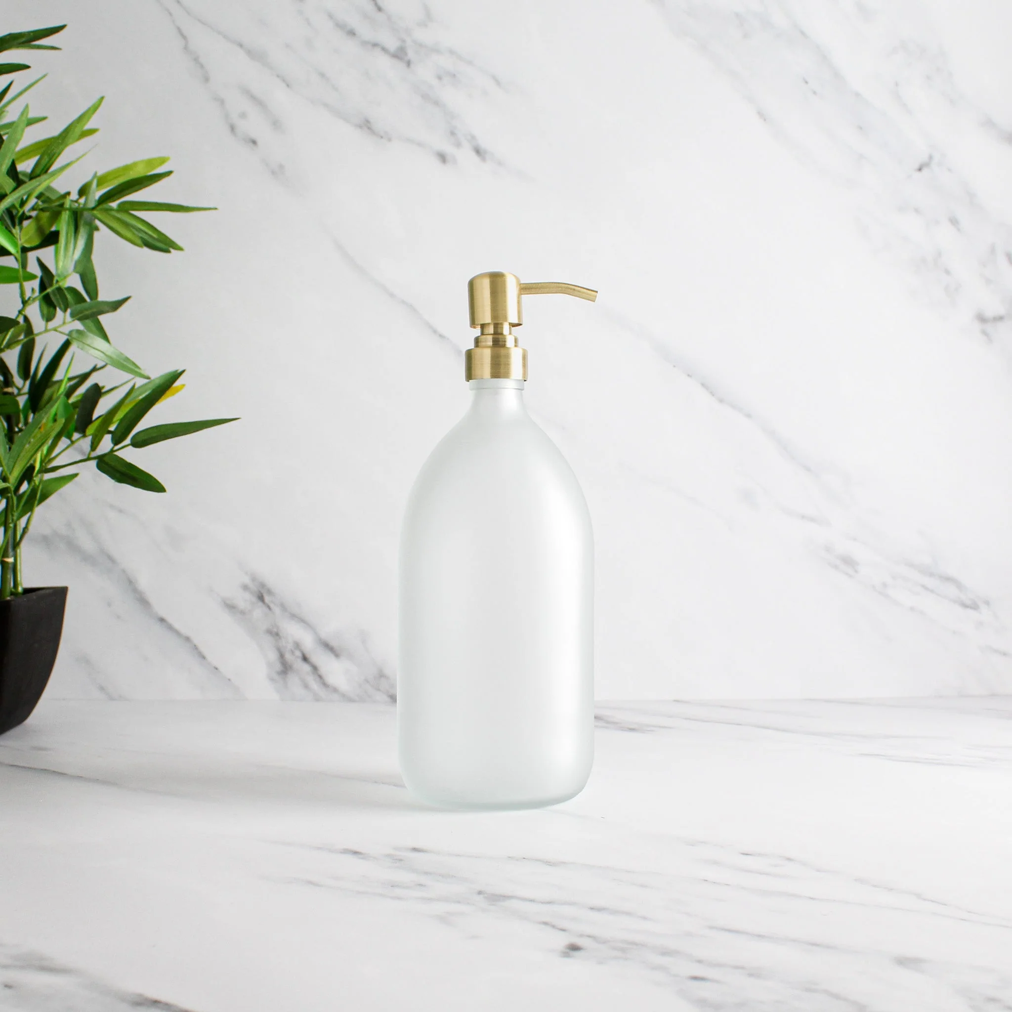 Frosted White Glass Dispenser Bottle With Gold Pump - Image 3