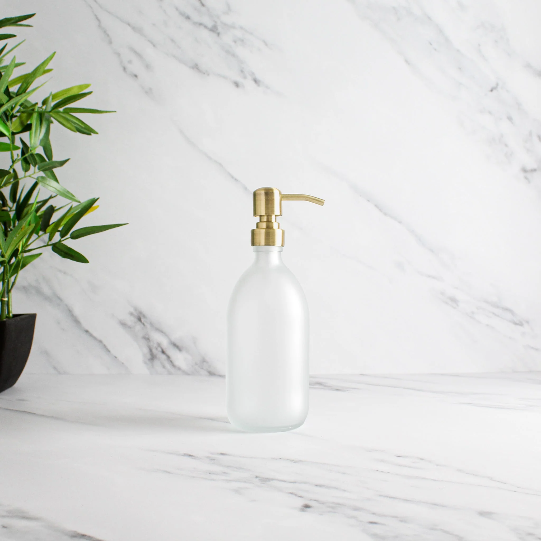 Frosted White Glass Dispenser Bottle With Gold Pump - Image 4