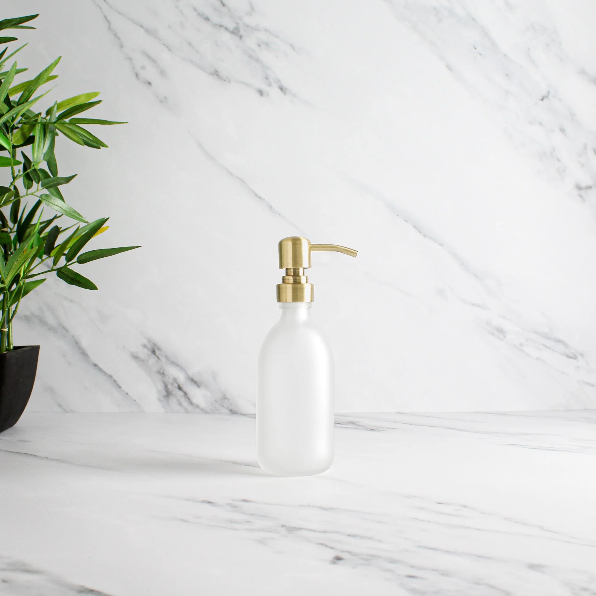 Frosted White Glass Dispenser Bottle With Gold Pump - Image 5