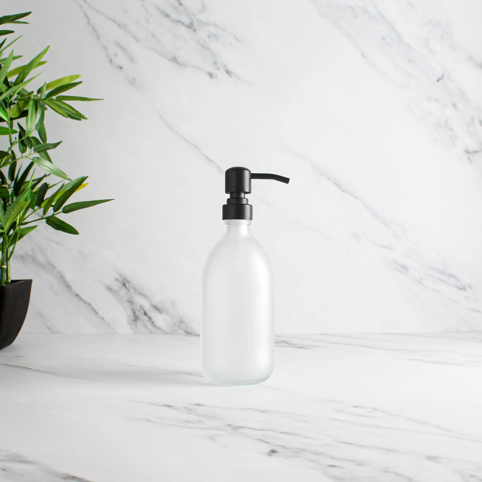 Frosted White Glass Dispenser Bottle With Matte Black Pump - Image 4