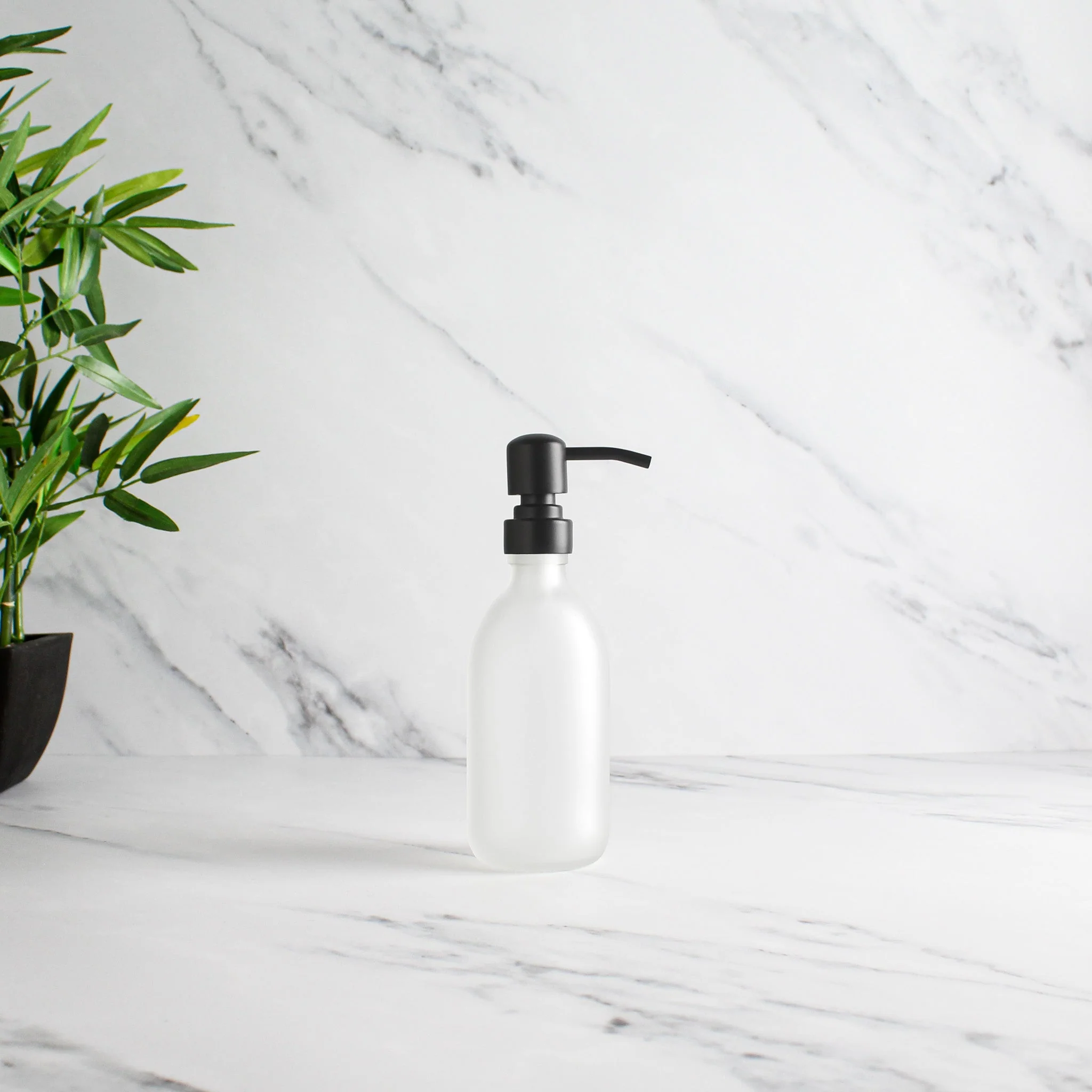 Frosted White Glass Dispenser Bottle With Matte Black Pump - Image 5
